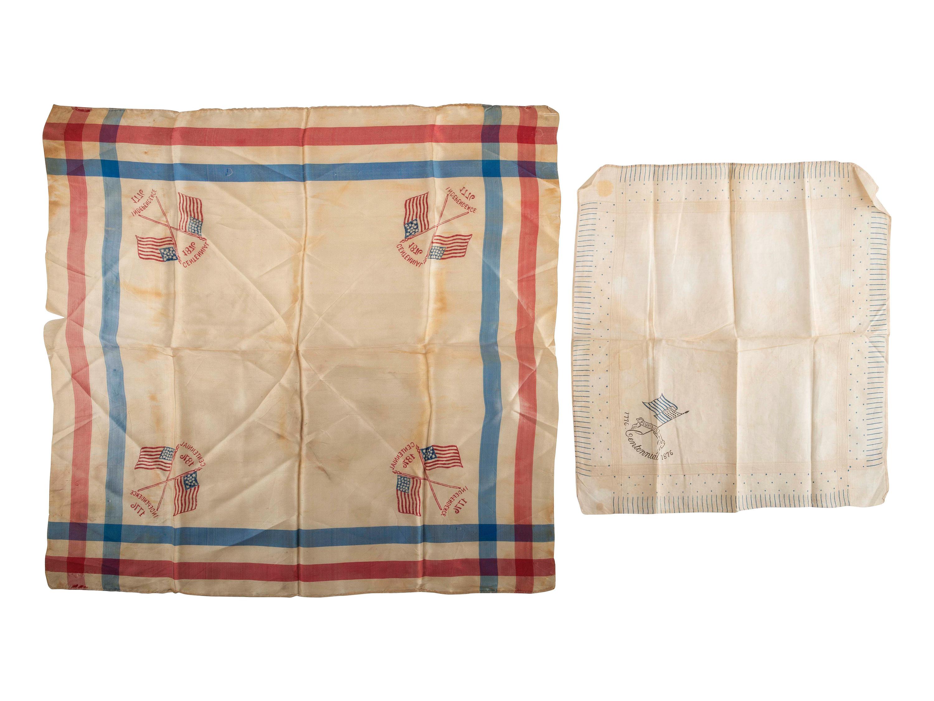 [AMERICANA -- TEXTILES]. A group of 13 handkerchiefs and other textiles commemorating the Centennial, the Founding Fathers, and other patriotic themes, including: