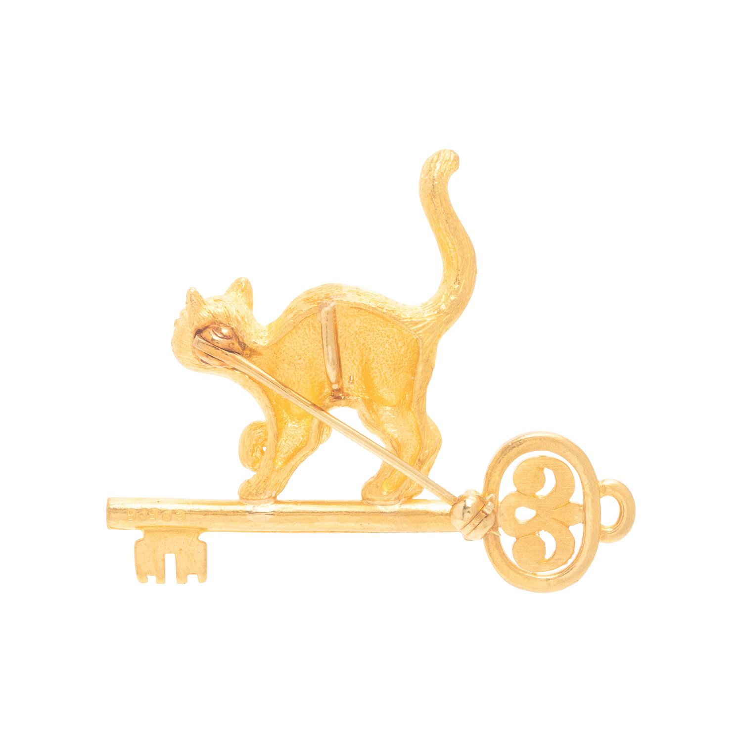 Yellow Gold Cat Pendant Brooch and Two Yellow Gold Accessories
