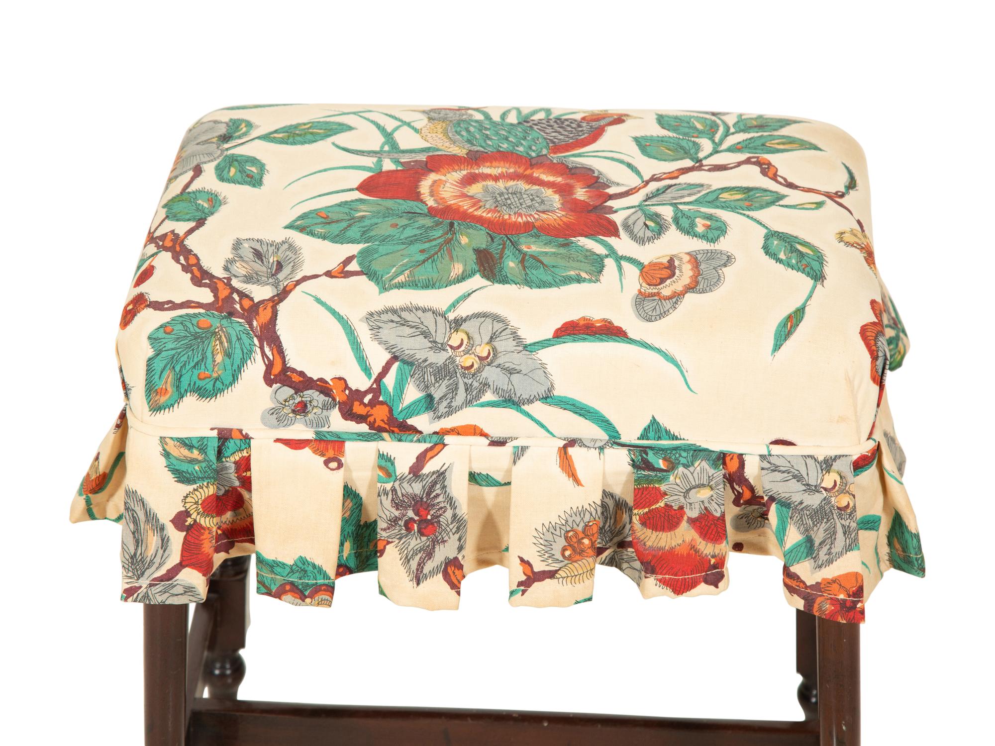 An English Turned Mahogany Stool with Chintz Upholstered Seat