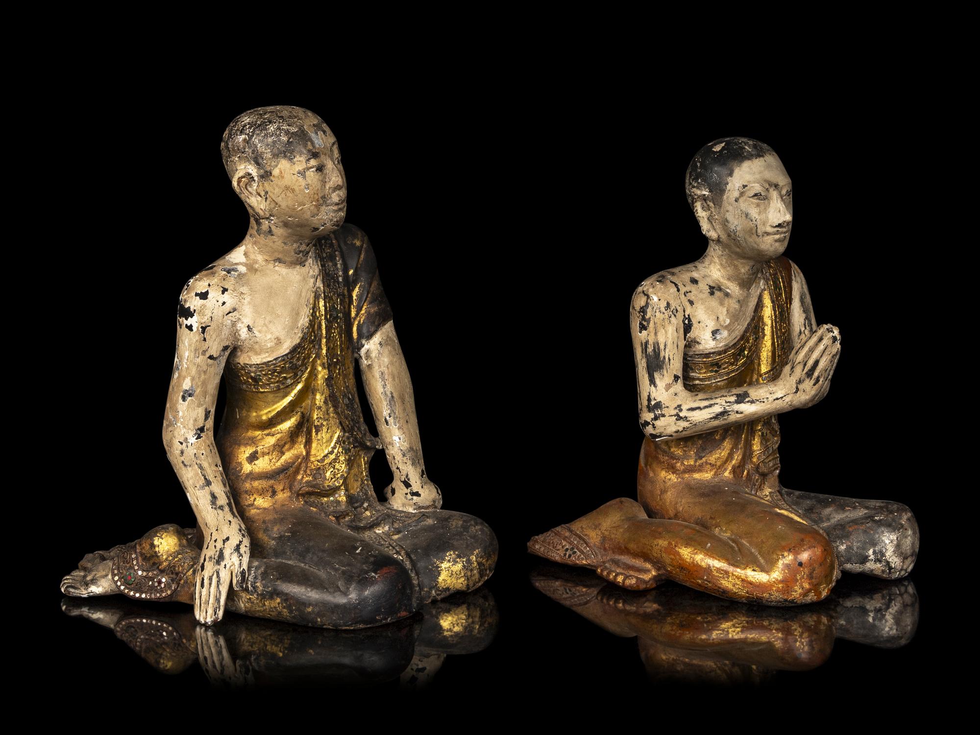 Two Pairs of Burmese Figures of Kneeling Monks