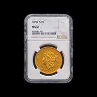 An 1850 Liberty Head $20 Gold Coin [NGC MS61]