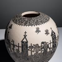 Hector Javier Martinez Mendez and Gabriela Periz de Martinez (Mata Ortiz, 20th century) — Black-on-Cream Sgraffito Pottery Jar, Remembering Artist Past - Day