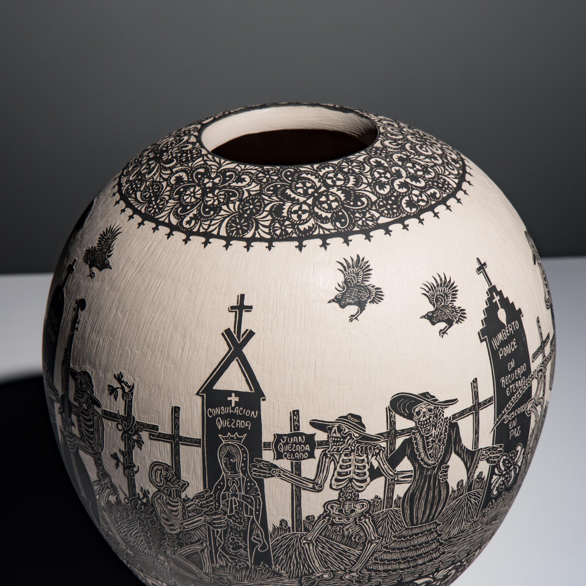 Hector Javier Martinez Mendez and Gabriela Periz de Martinez (Mata Ortiz, 20th century) — Black-on-Cream Sgraffito Pottery Jar, Remembering Artist Past - Day