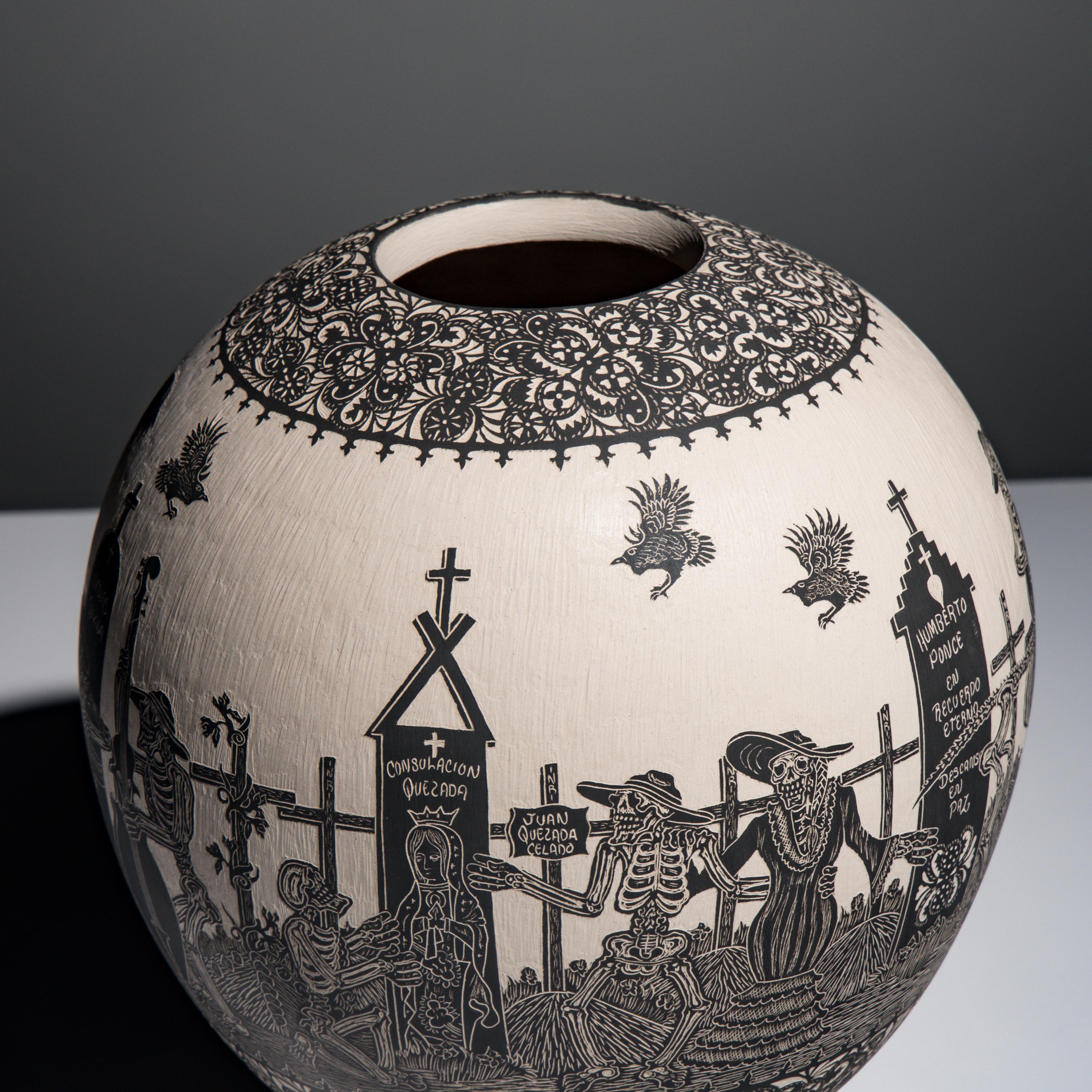 Hector Javier Martinez Mendez and Gabriela Periz de Martinez (Mata Ortiz, 20th century) — Black-on-Cream Sgraffito Pottery Jar, Remembering Artist Past - Day