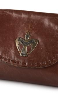 Brown Leather Drawstring Purse, with Brass Thunderbird Decoration