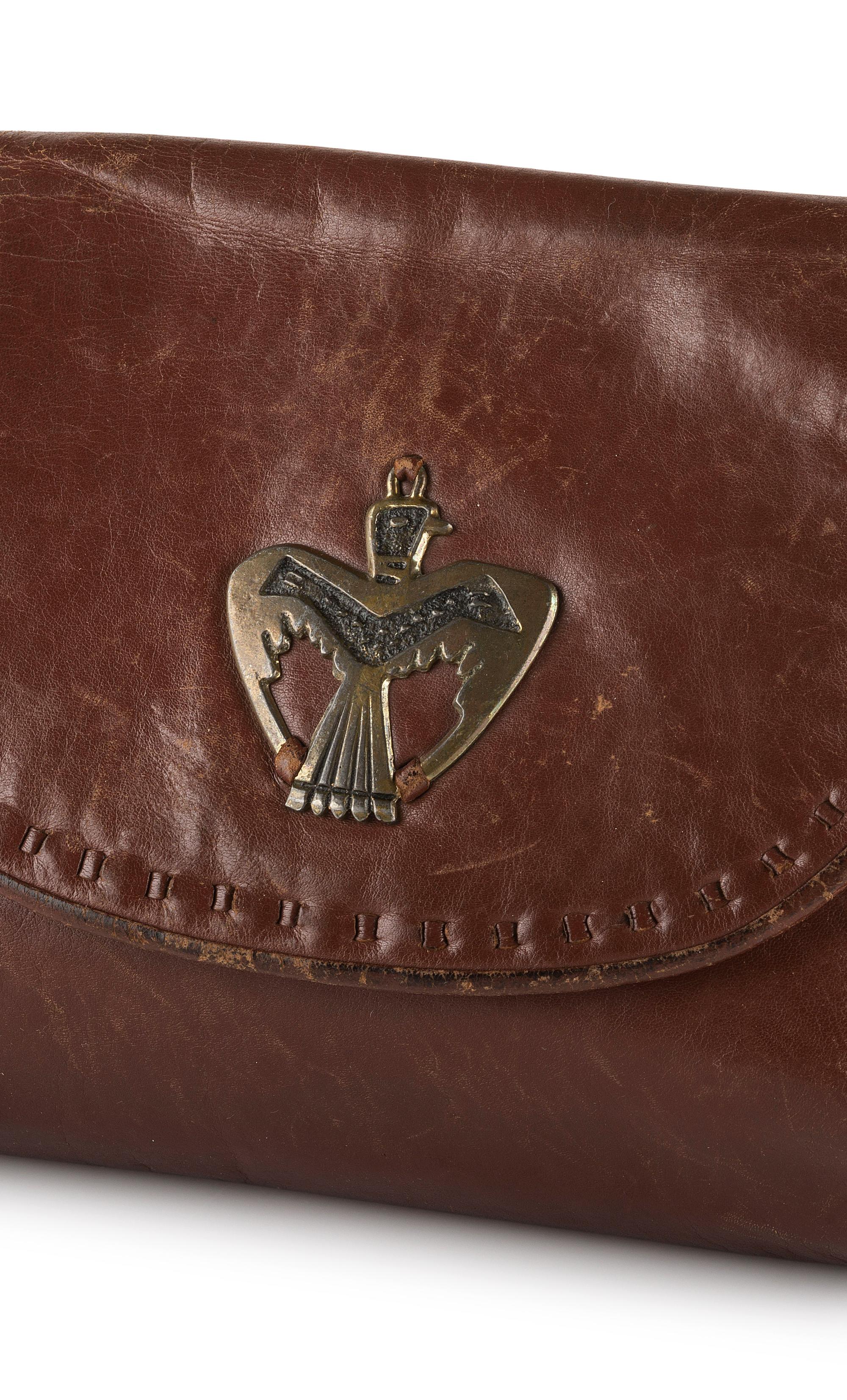 Brown Leather Drawstring Purse, with Brass Thunderbird Decoration