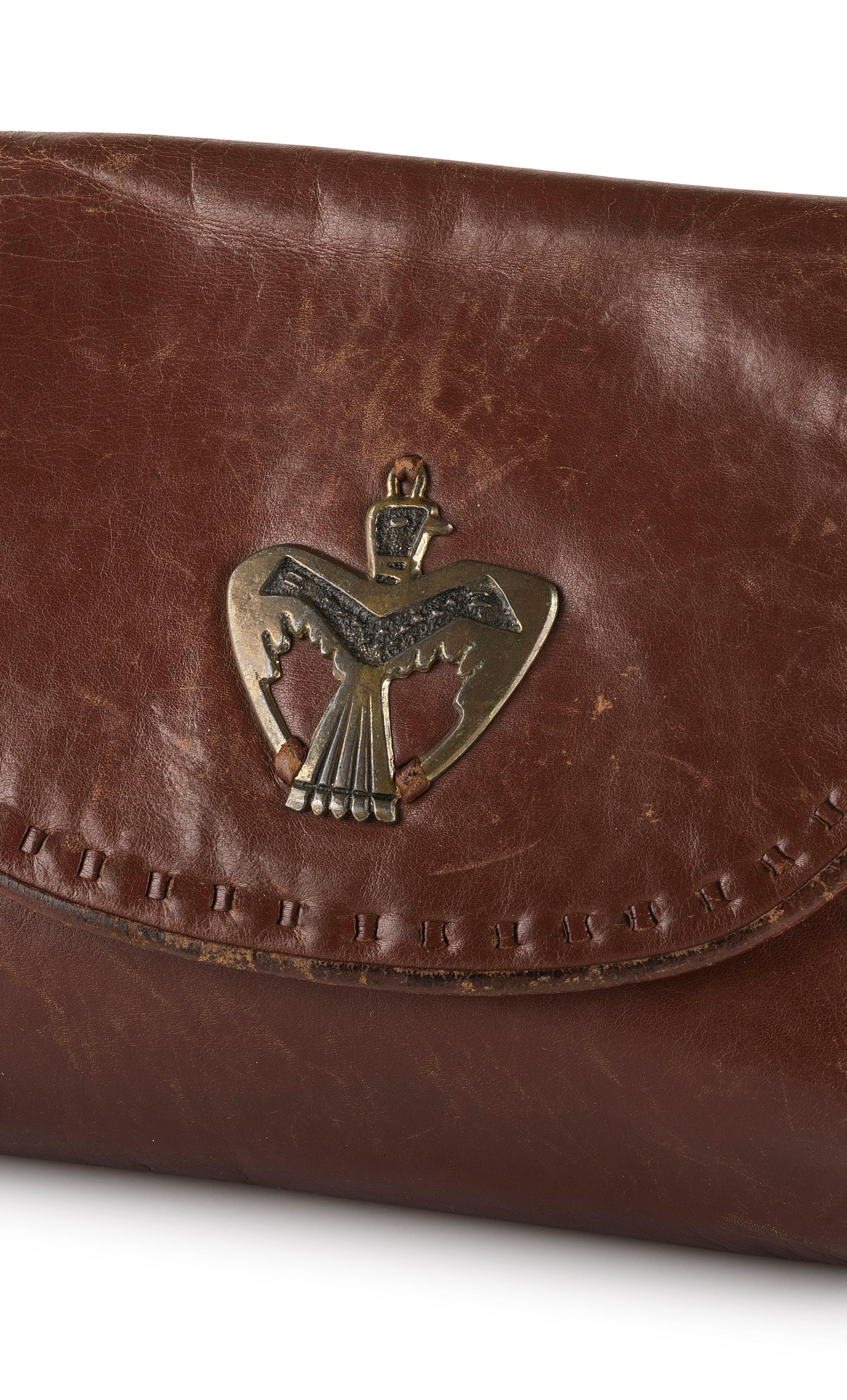 Brown Leather Drawstring Purse, with Brass Thunderbird Decoration