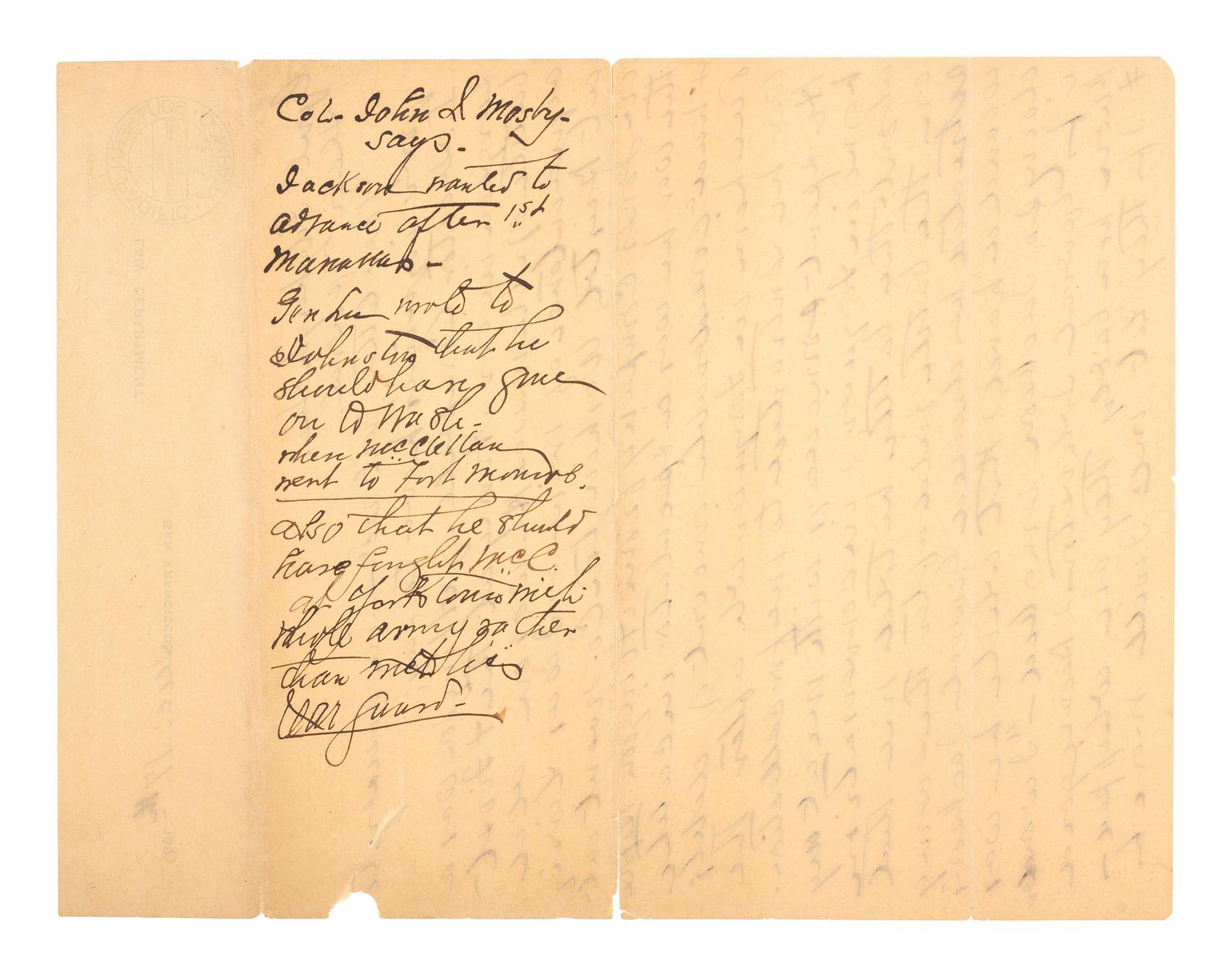 MOSBY, JOHN S. (1833-1916). ALS to General Fitzhugh Lee. San Francisco, CA, 17 December 1895. Revealing insights from conversations with General Robert E. Lee and the doctor who attended Stonewall Jackson at First Manassas.