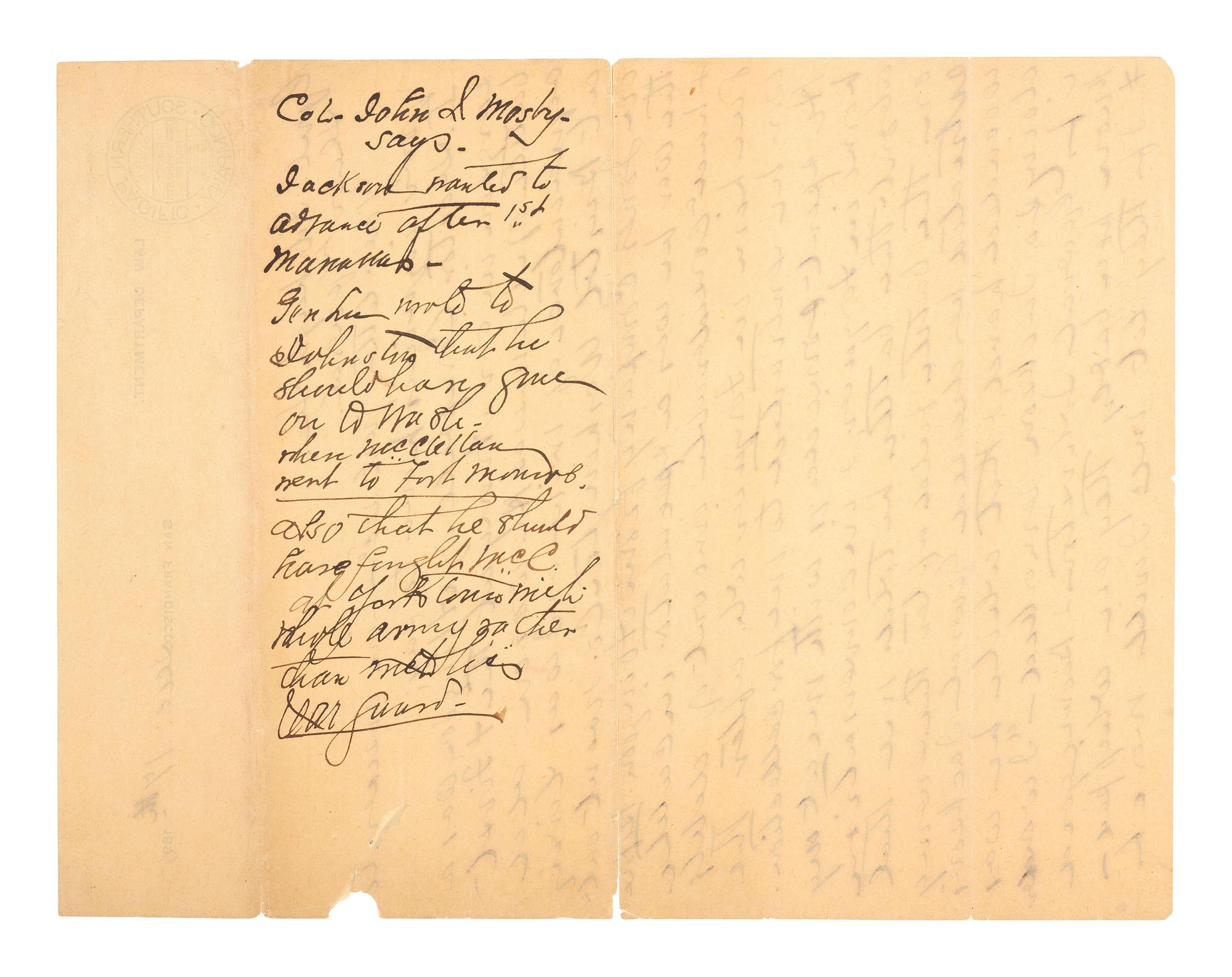 MOSBY, JOHN S. (1833-1916). ALS to General Fitzhugh Lee. San Francisco, CA, 17 December 1895. Revealing insights from conversations with General Robert E. Lee and the doctor who attended Stonewall Jackson at First Manassas.