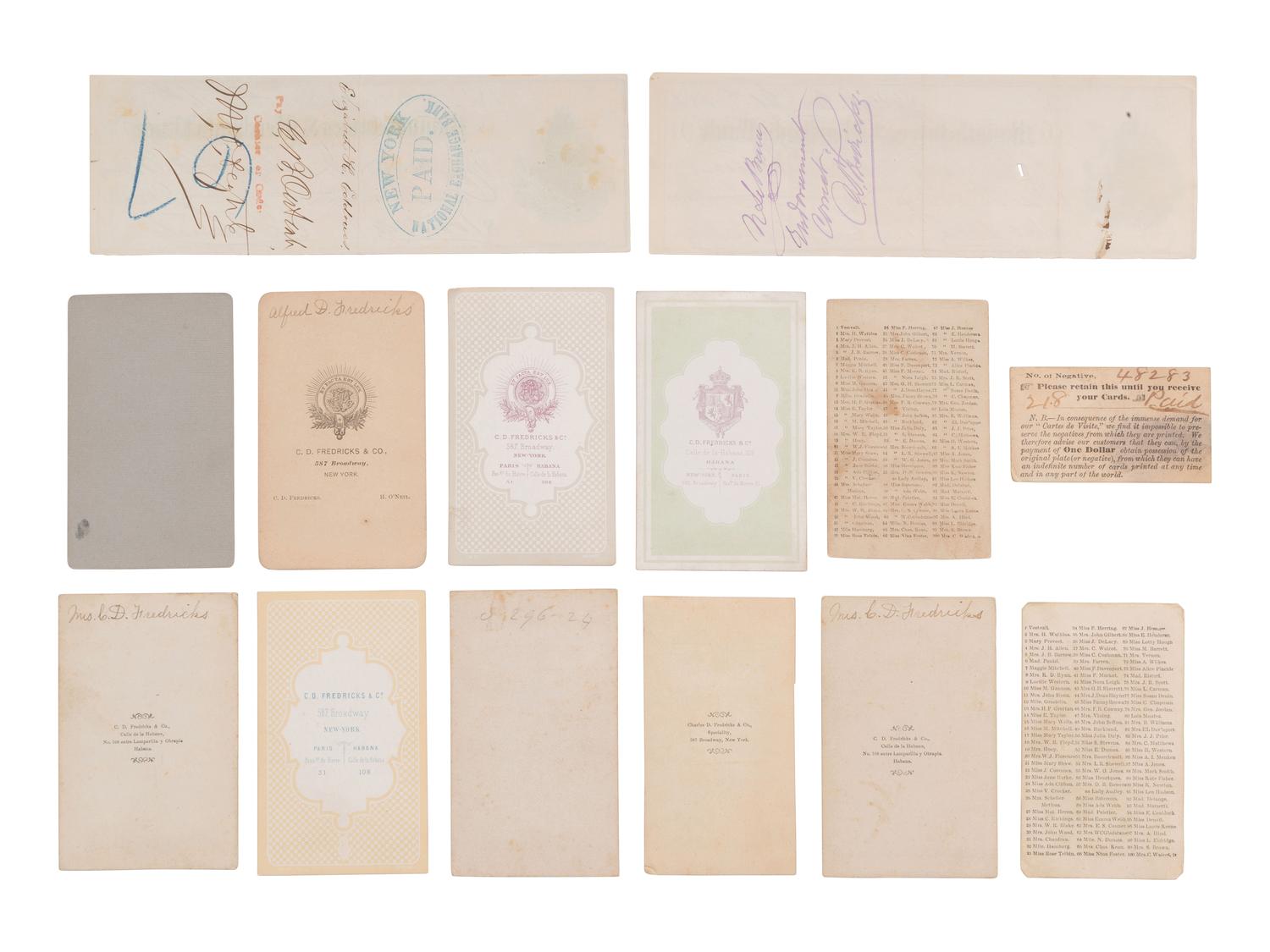 [EARLY PHOTOGRAPHY]. A group of CDVs and ephemera identified to American photographer Charles D. Fredericks.