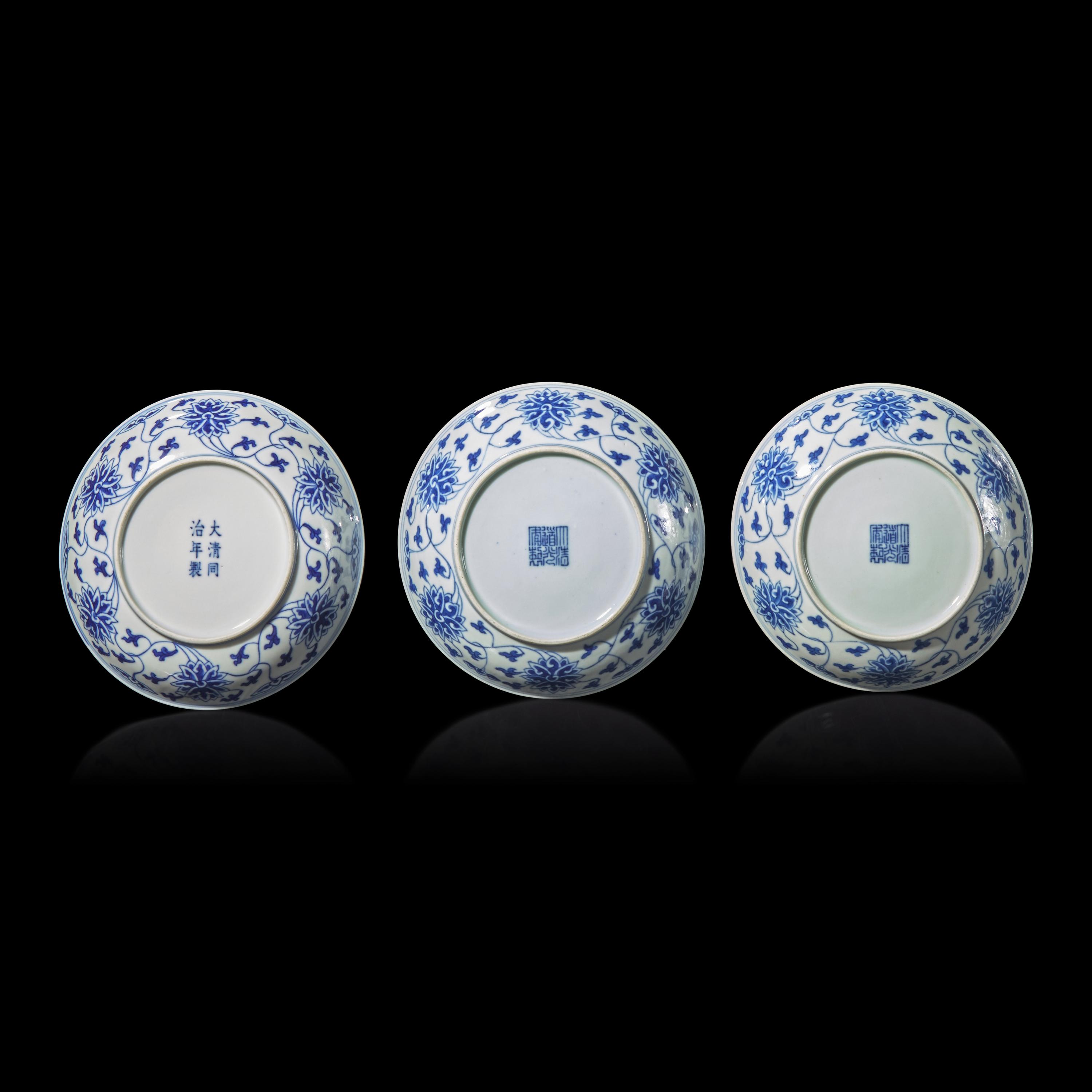 Three Chinese Blue and White Porcelain 'Lotus' Dishes, 19th Century — 清晚期 青花纏枝蓮紋碟三件