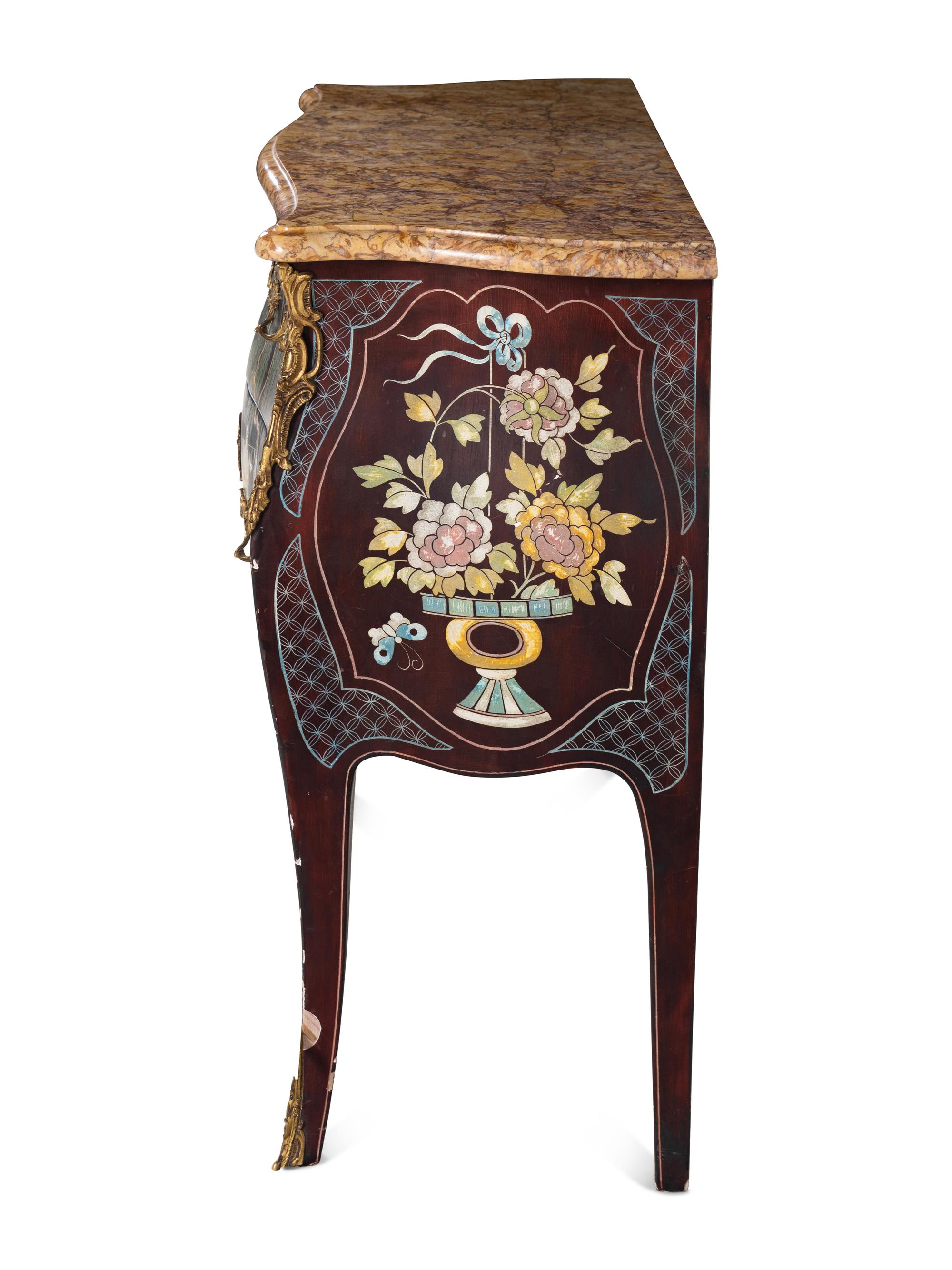 A Louis XVI Style Gilt Metal Mounted Lacquered Marble-Top Commode