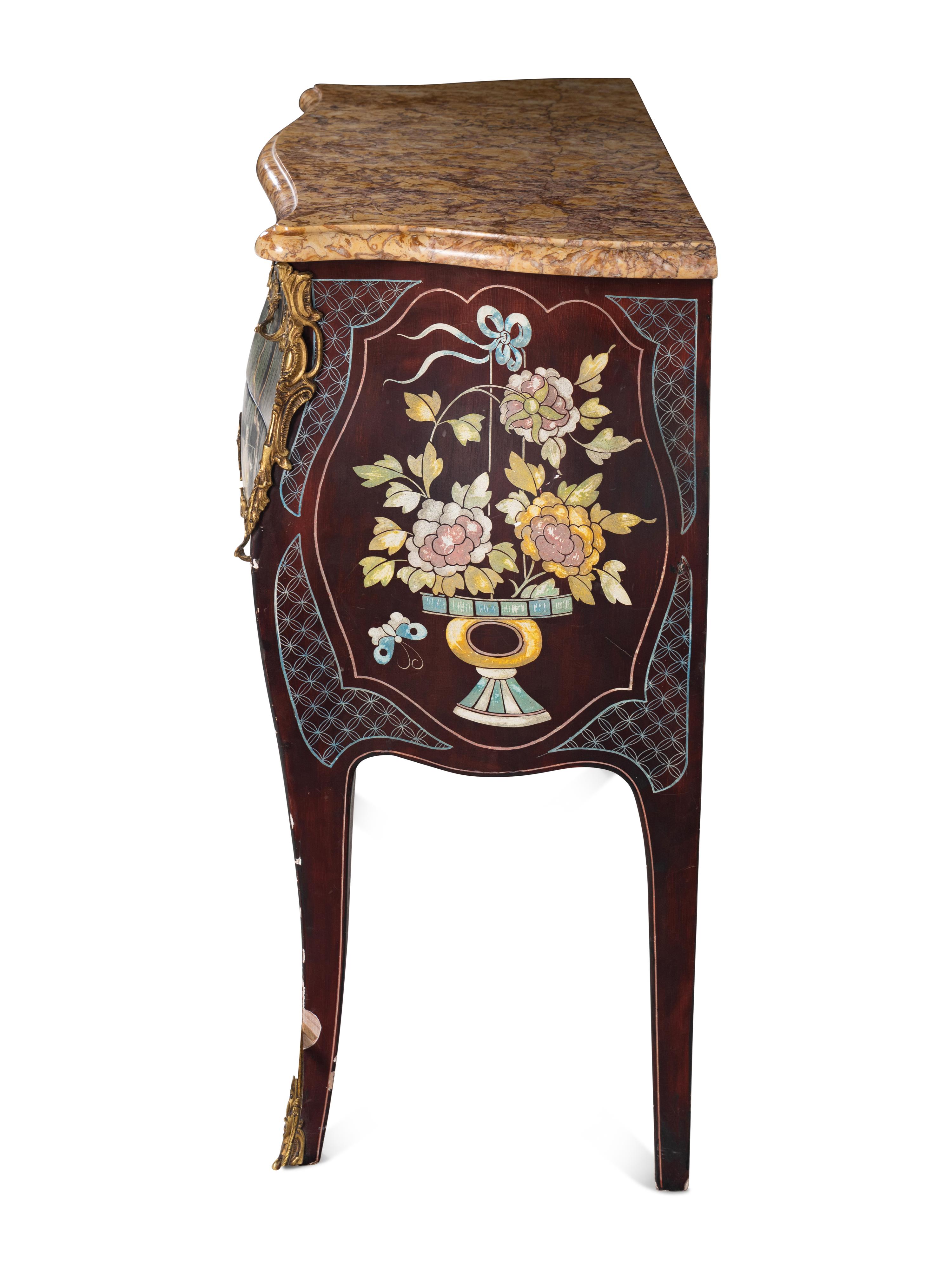 A Louis XVI Style Gilt Metal Mounted Lacquered Marble-Top Commode