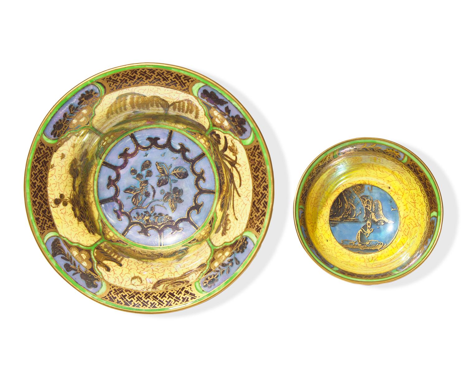 Two Wedgwood Fairyland Lustre 'Daventry' Parcel-Gilt Footed Bowls