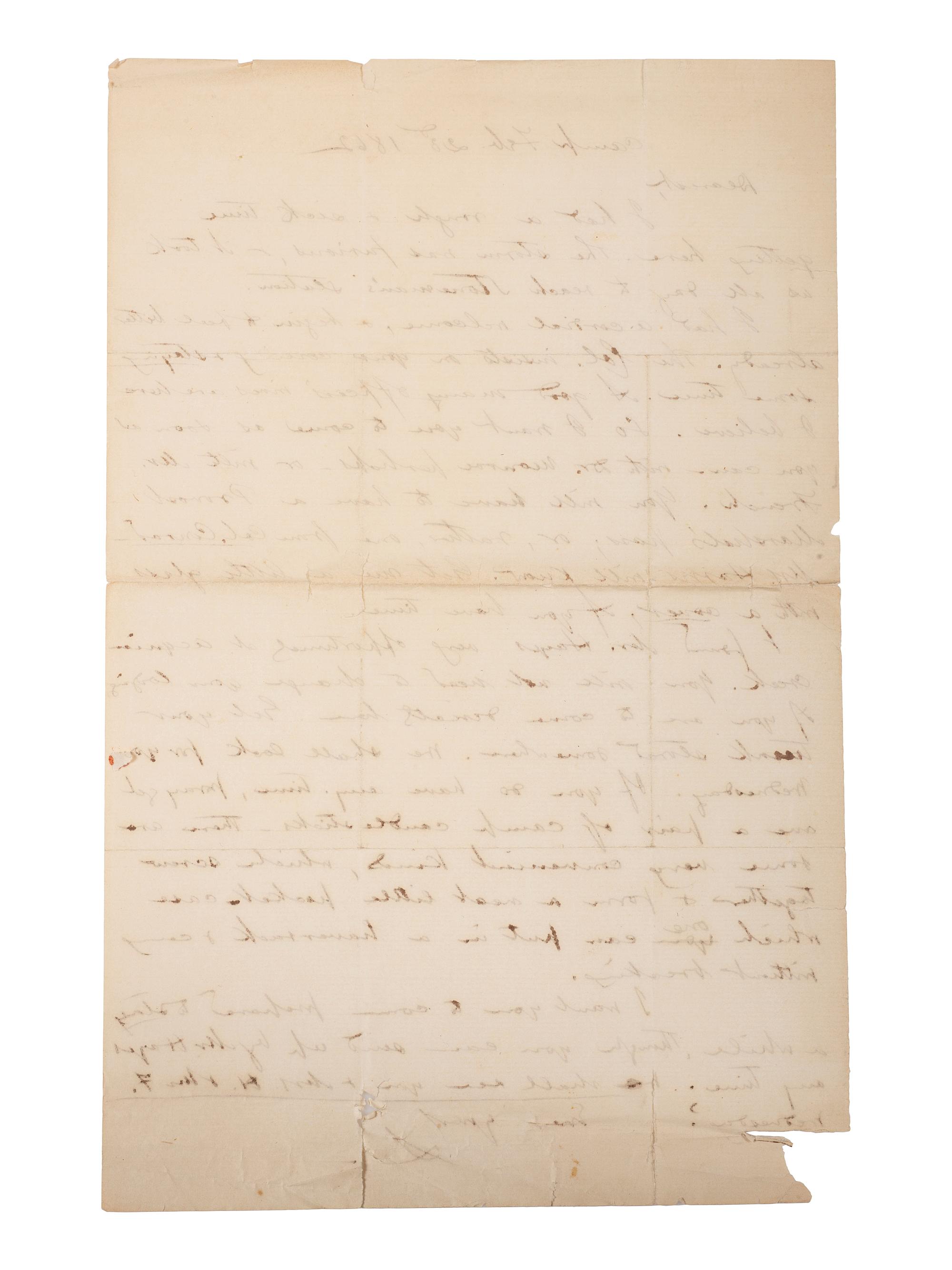CHAMBERLAIN, Joshua (1828-1914). Autograph letter to wife Fanny Chamberlain requesting collapsible candlesticks. "Camp." 23 February 1862.