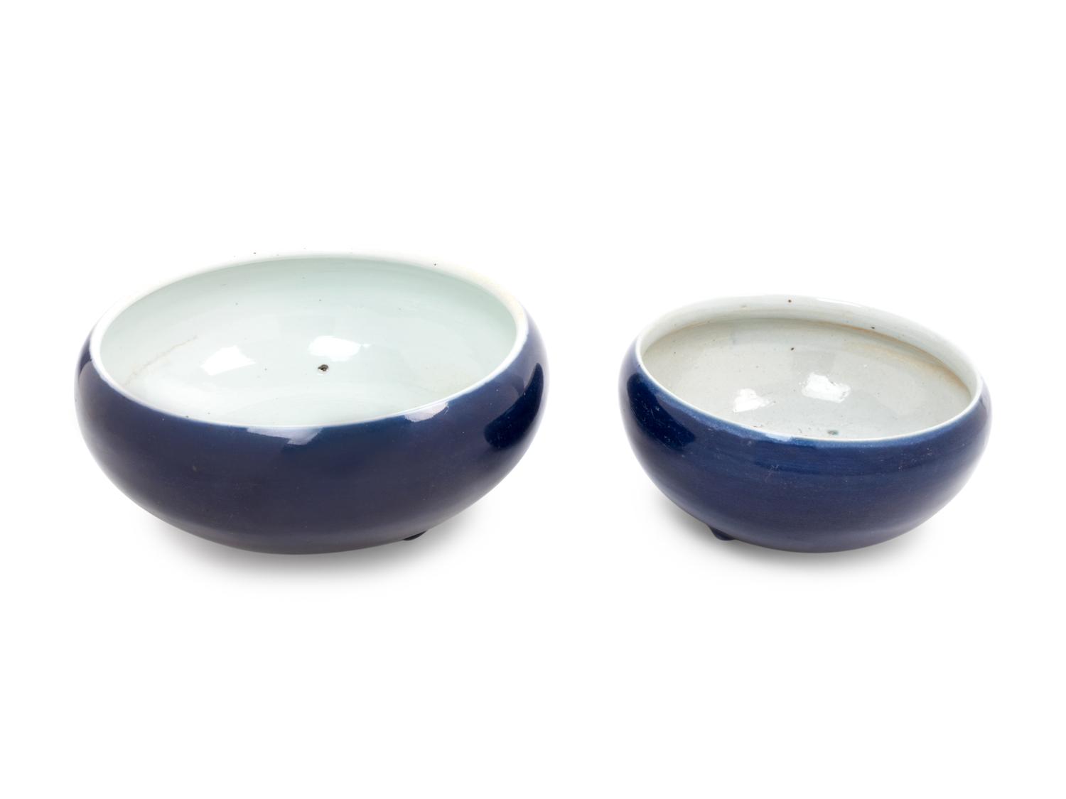 Two Large Monochrome Blue Glazed Porcelain Tripod Incense Burners