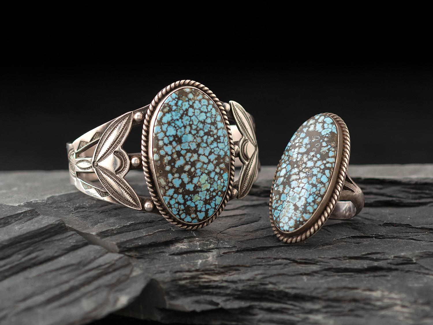 Navajo Silver and #8 Turquoise Cuff Bracelet and Ring, Marked UITA22
