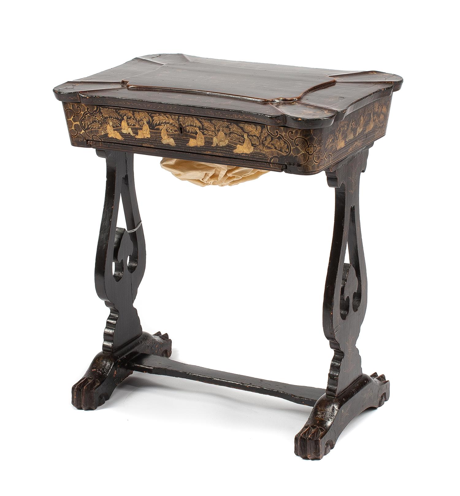 A Regency Chinoiserie Lacquered Sewing Table Height 26 x width 23 x depth 16 inches. — 19TH CENTURY