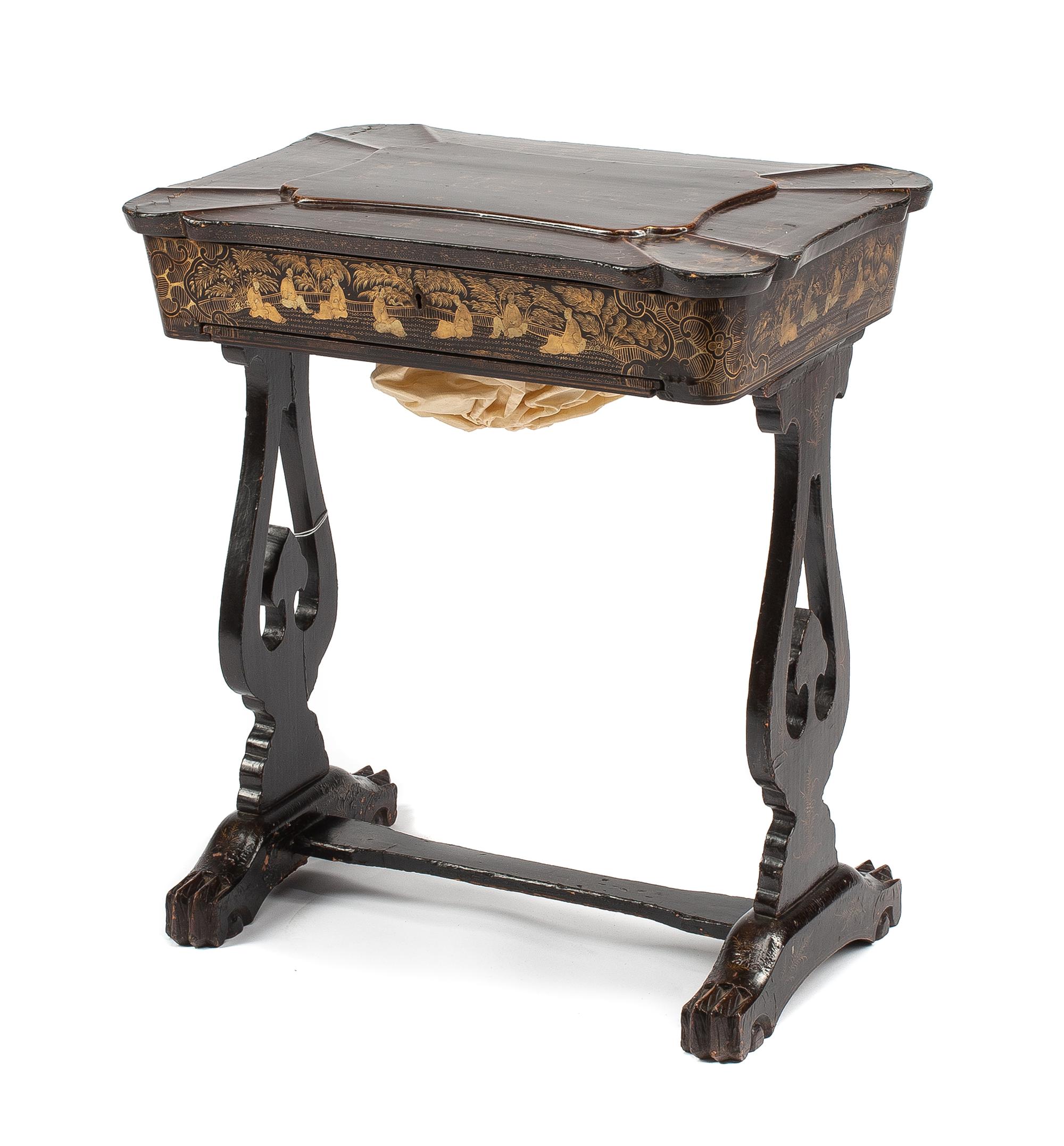A Regency Chinoiserie Lacquered Sewing Table Height 26 x width 23 x depth 16 inches. — 19TH CENTURY