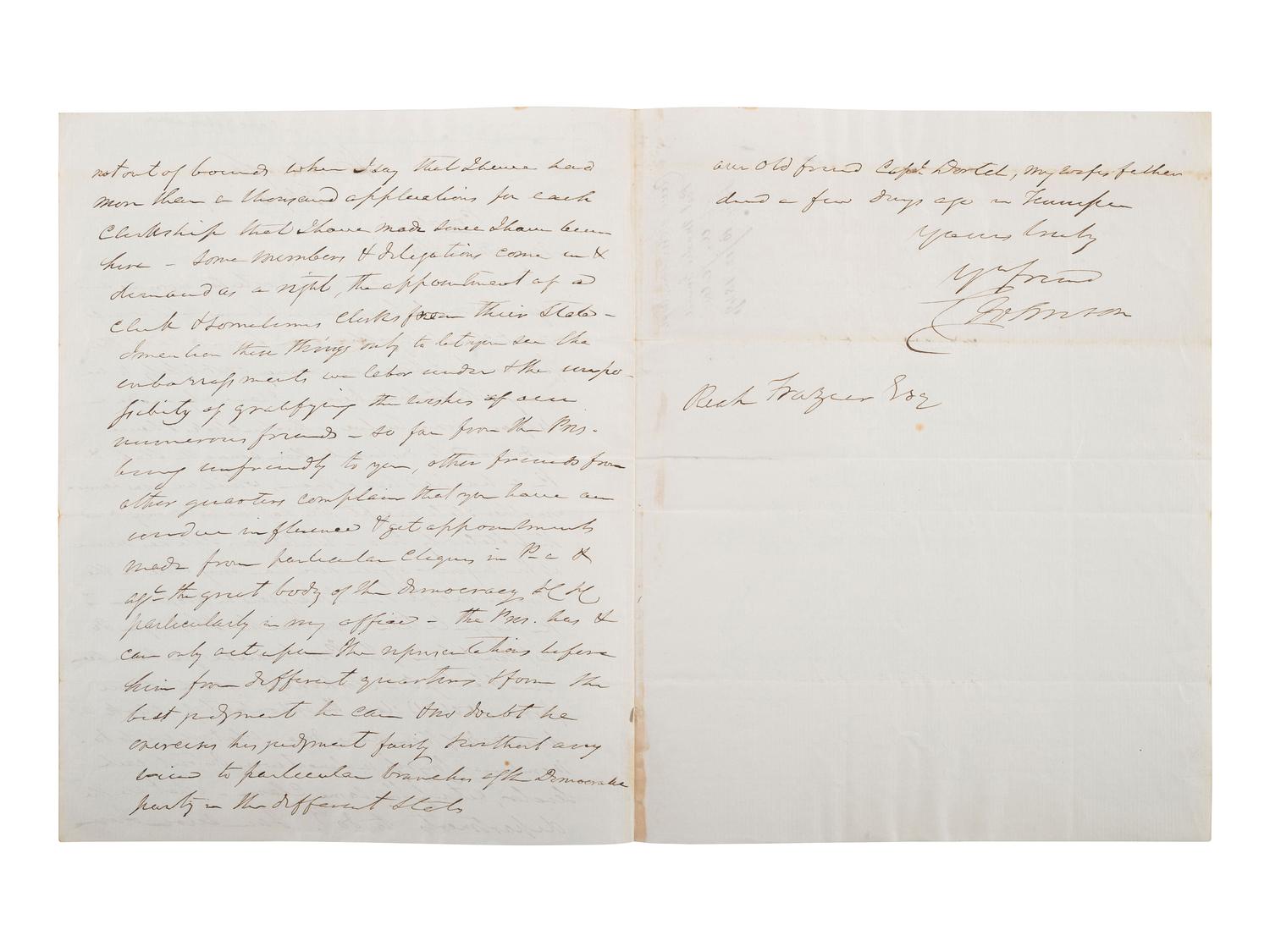 [POLITICS]. JOHNSON, Cave (1793-1866). ALS ("C. Johnson") as Postmaster General. Washington, 1849.