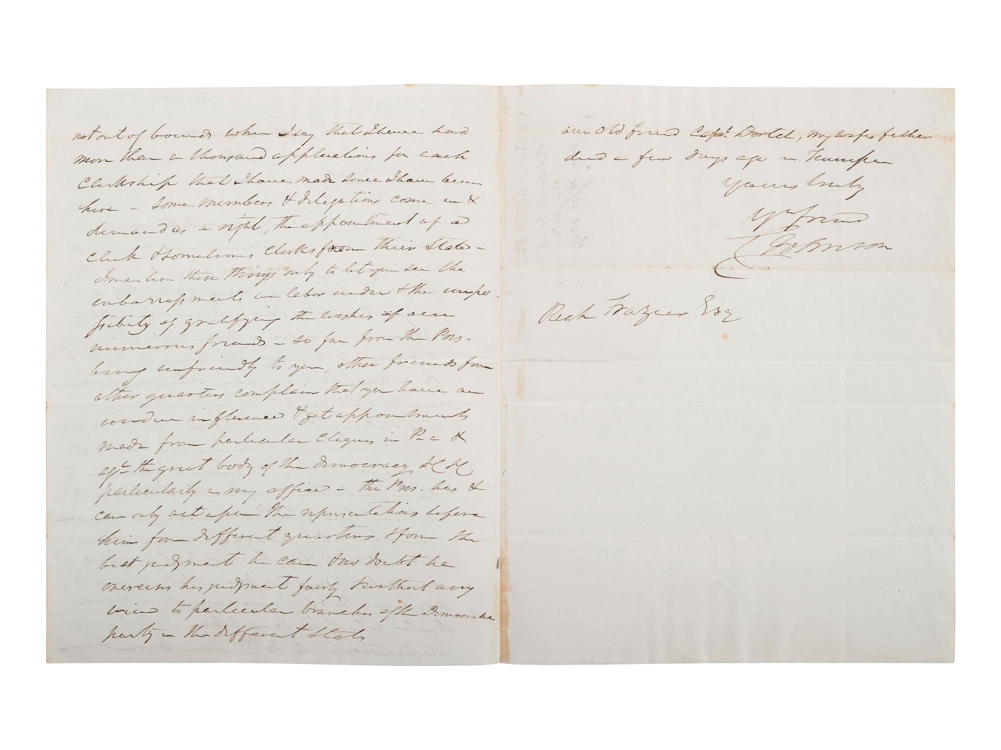 [POLITICS]. JOHNSON, Cave (1793-1866). ALS ("C. Johnson") as Postmaster General. Washington, 1849.