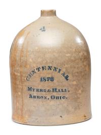 A Myers and Hall Four-Gallon 'Centennial' Stencil Decorated Jug