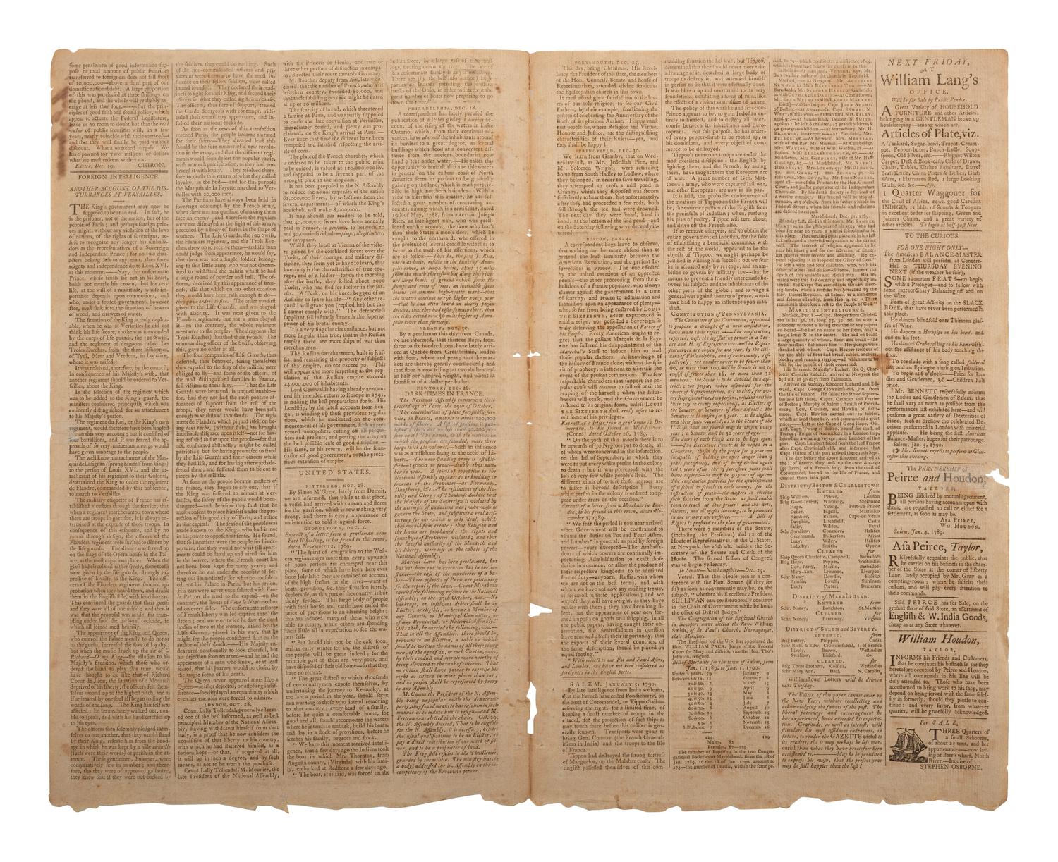 [UPRISING OF ENSLAVED PEOPLE]. American Eagle . No. 1. Salem, MA: Thomas C. Cushing, 5 January 1790.
