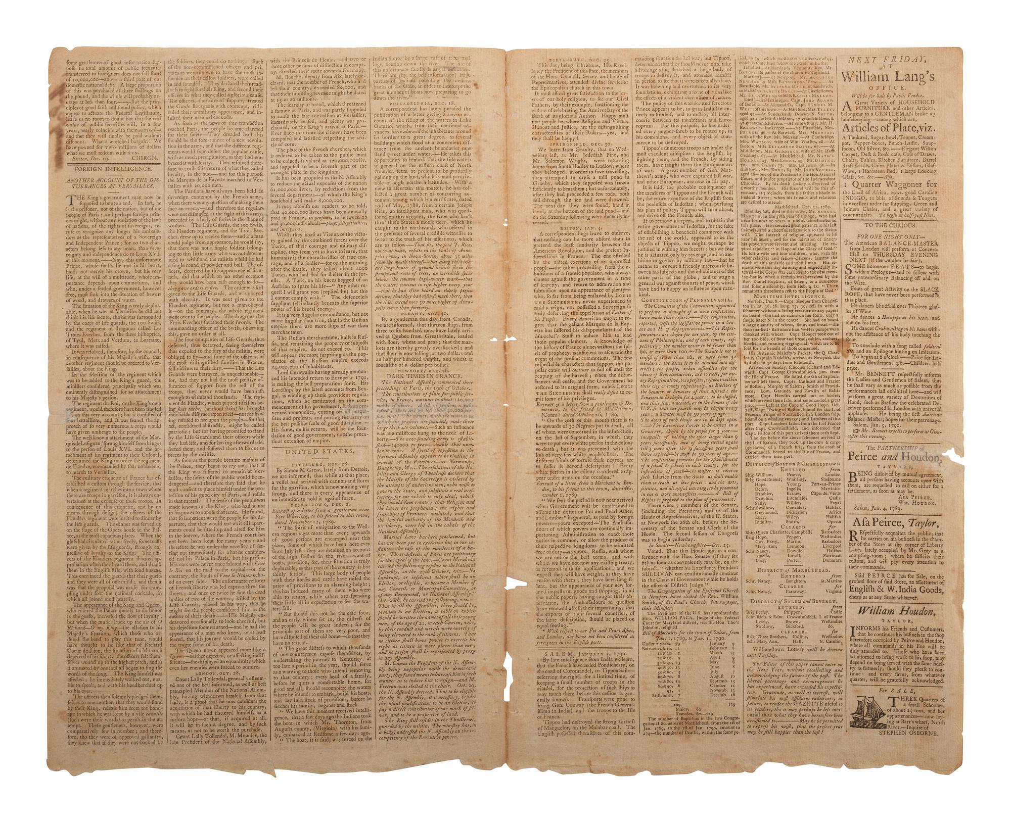 [UPRISING OF ENSLAVED PEOPLE]. American Eagle . No. 1. Salem, MA: Thomas C. Cushing, 5 January 1790.