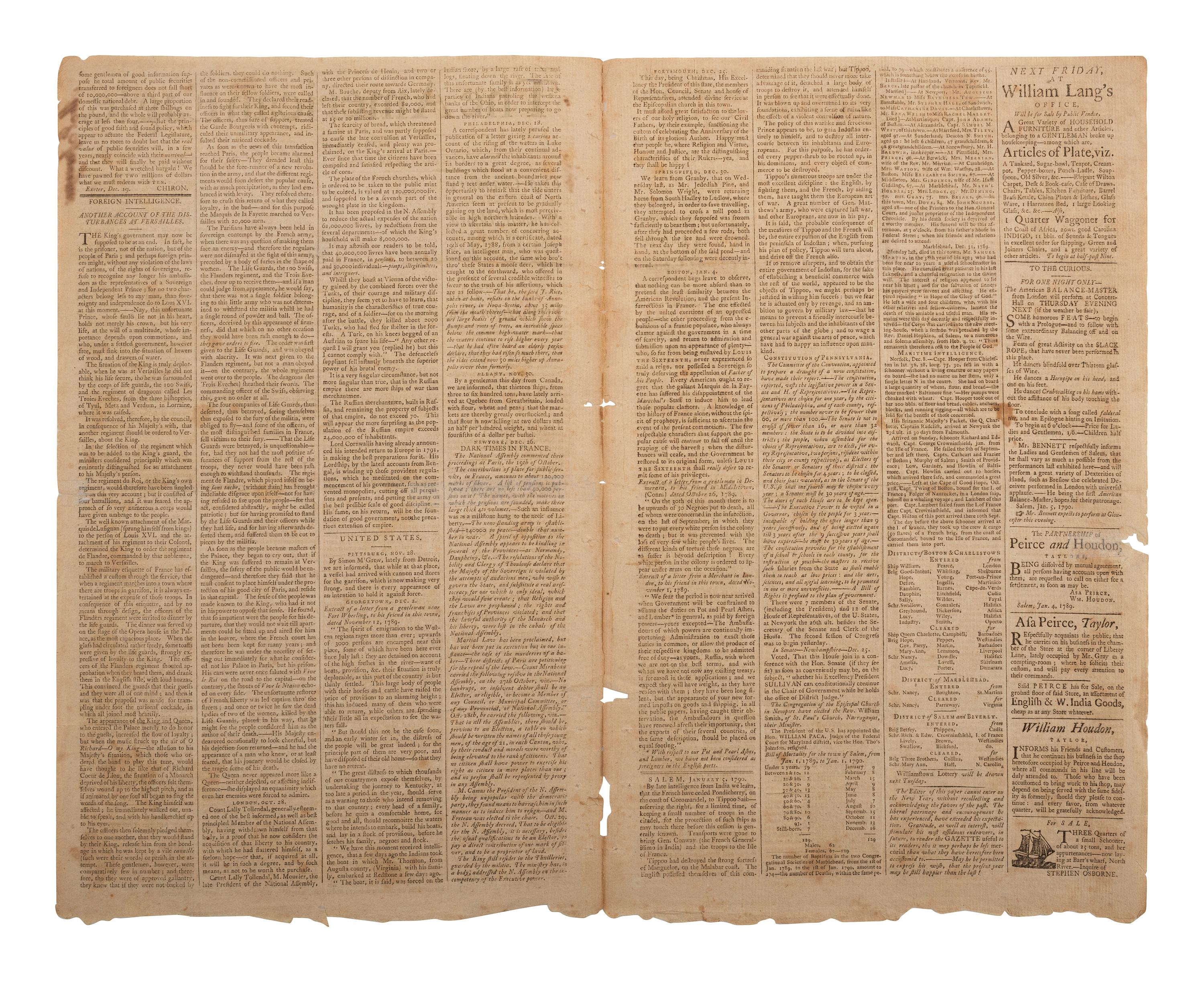 [UPRISING OF ENSLAVED PEOPLE]. American Eagle . No. 1. Salem, MA: Thomas C. Cushing, 5 January 1790.