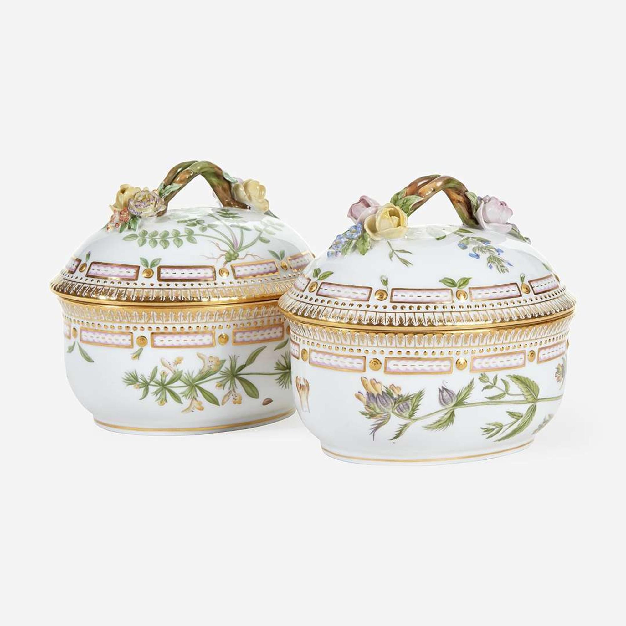 A Pair of Flora Danica Porcelain Small Tureens and Covers and Underplates Modern
