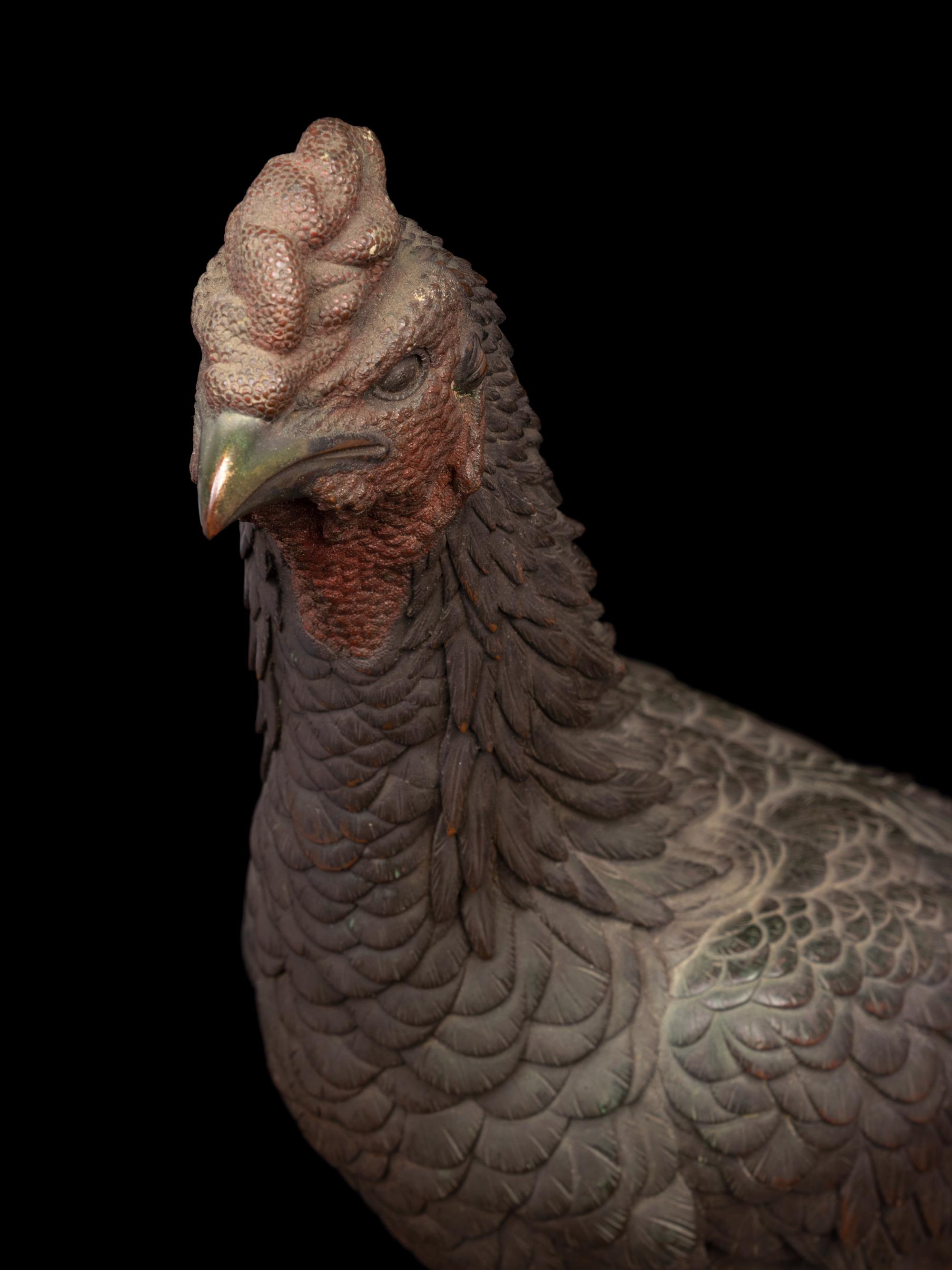 A Patinated-Bronze Okimono of a Cockerel