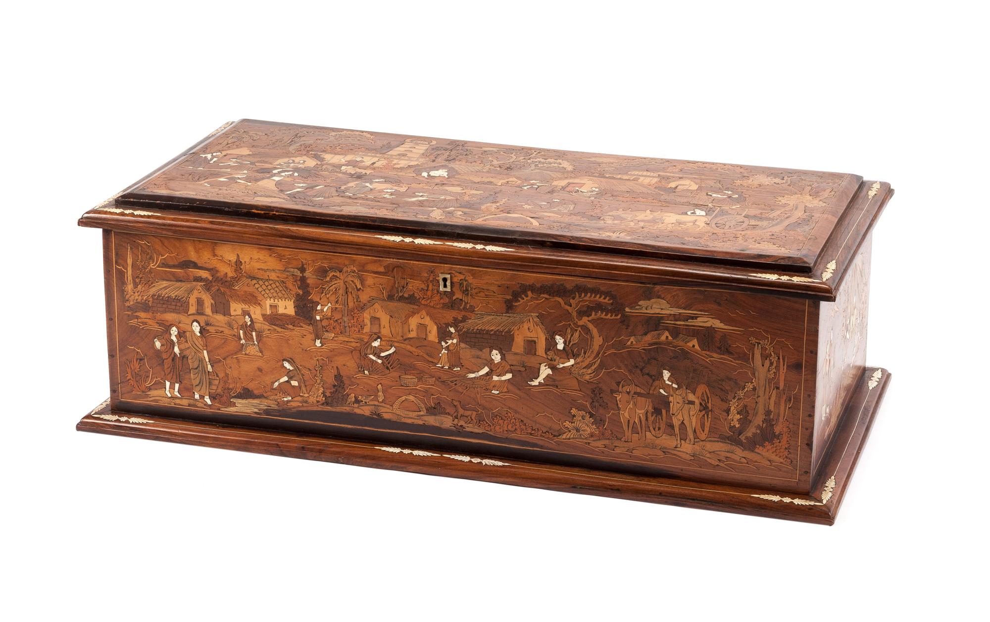 A Continental Marquetry Chest Height 14 x width 41 x depth 21 inches. — 19TH CENTURY