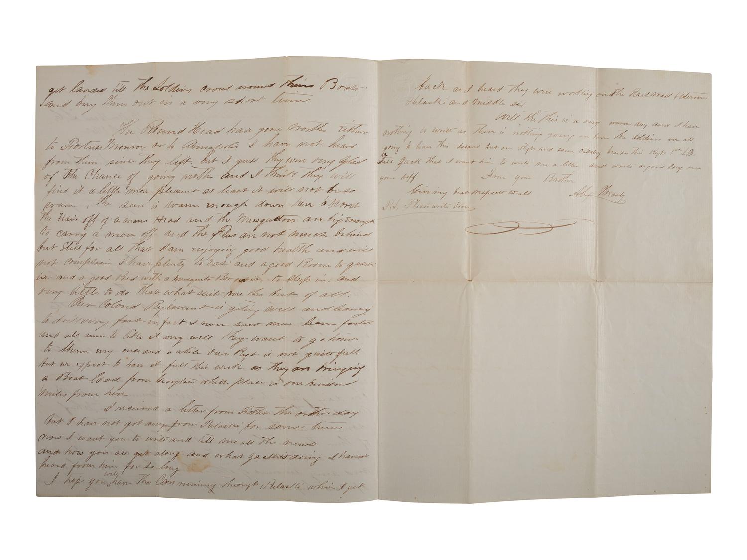 [UNITED STATES COLORED TROOPS]. Letter from Alexander Heasley (1839-1865), discussing progress of the 1st SC Colored Infantry, later the 33rd Infantry USCT. [With:] Additional document.