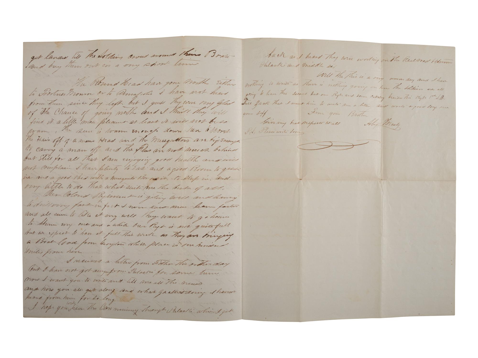 [UNITED STATES COLORED TROOPS]. Letter from Alexander Heasley (1839-1865), discussing progress of the 1st SC Colored Infantry, later the 33rd Infantry USCT. [With:] Additional document.