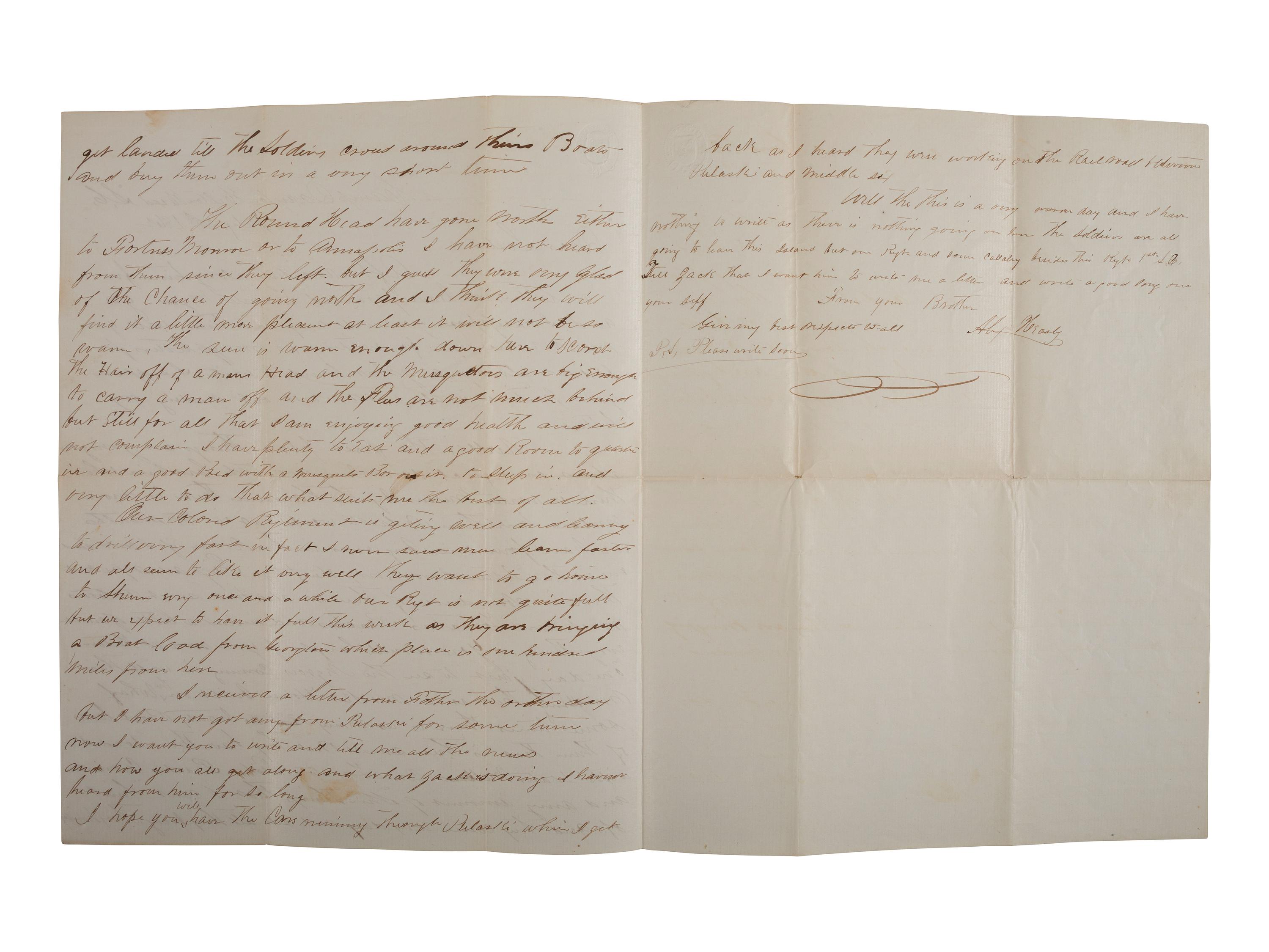 [UNITED STATES COLORED TROOPS]. Letter from Alexander Heasley (1839-1865), discussing progress of the 1st SC Colored Infantry, later the 33rd Infantry USCT. [With:] Additional document.