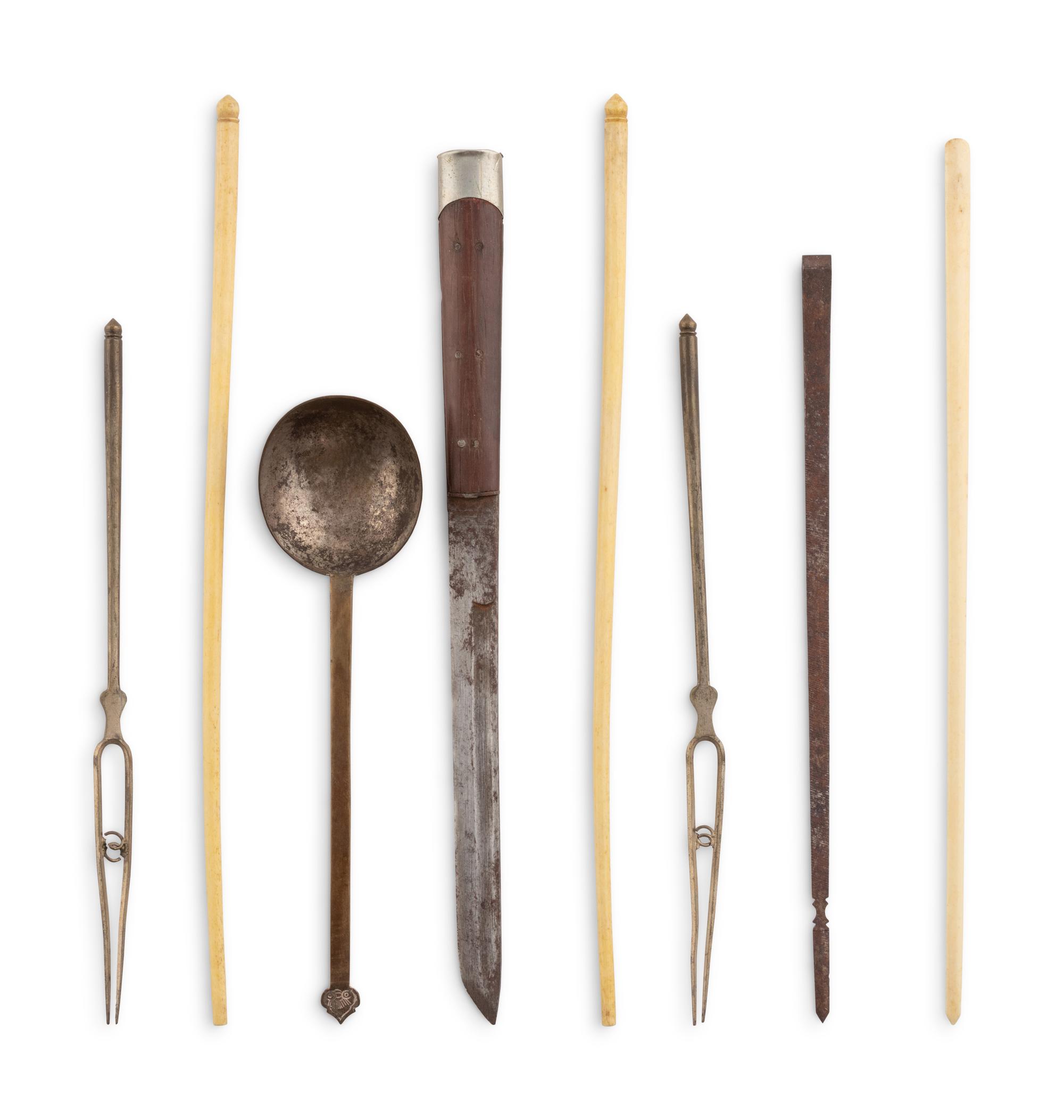 A Mongolian Shagreen and Metal Mounted Eatery Set