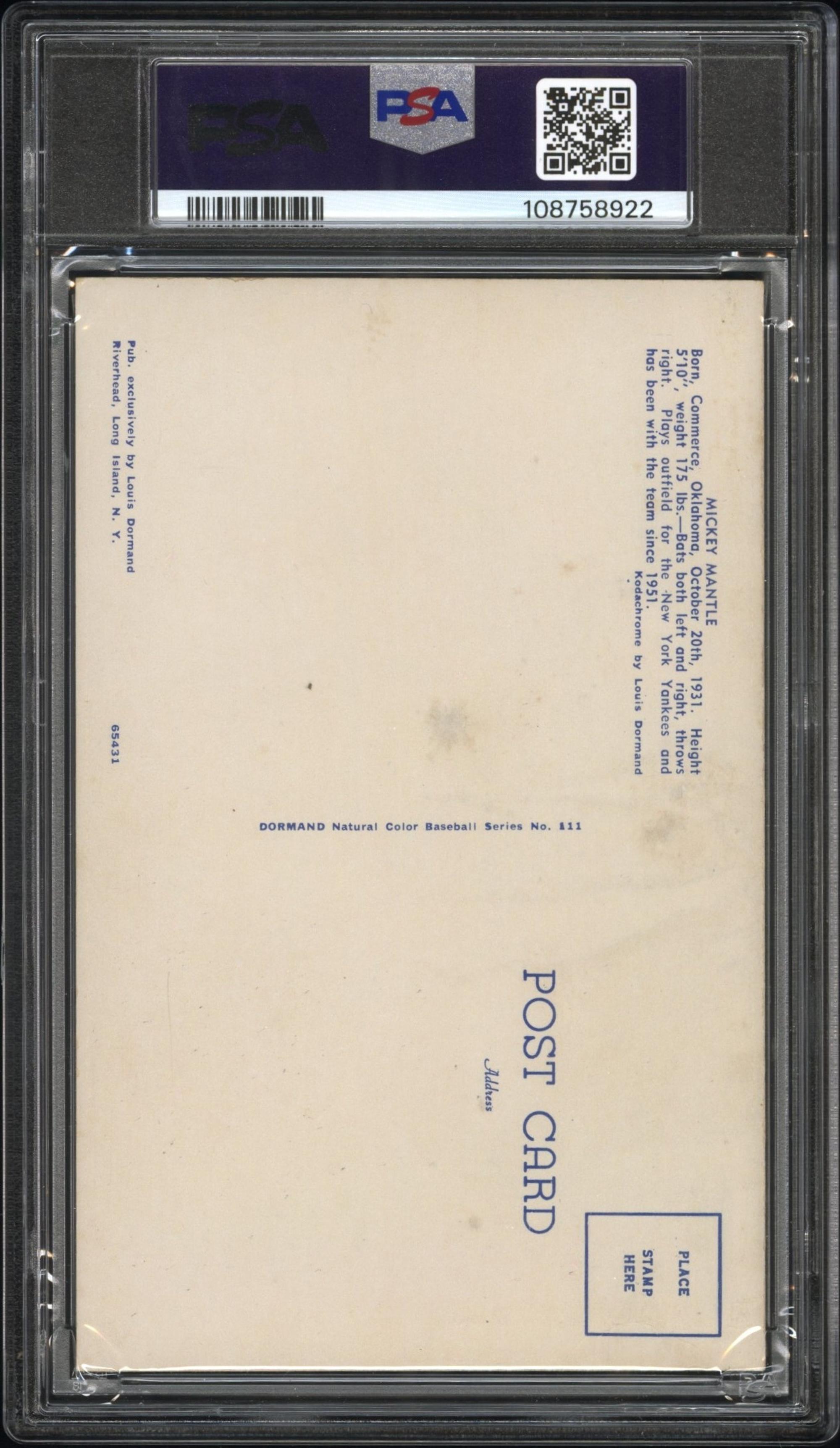 A 1953-55 Mickey Mantle Dormand Postcard - Bat on Shoulder (PSA 3 VG)