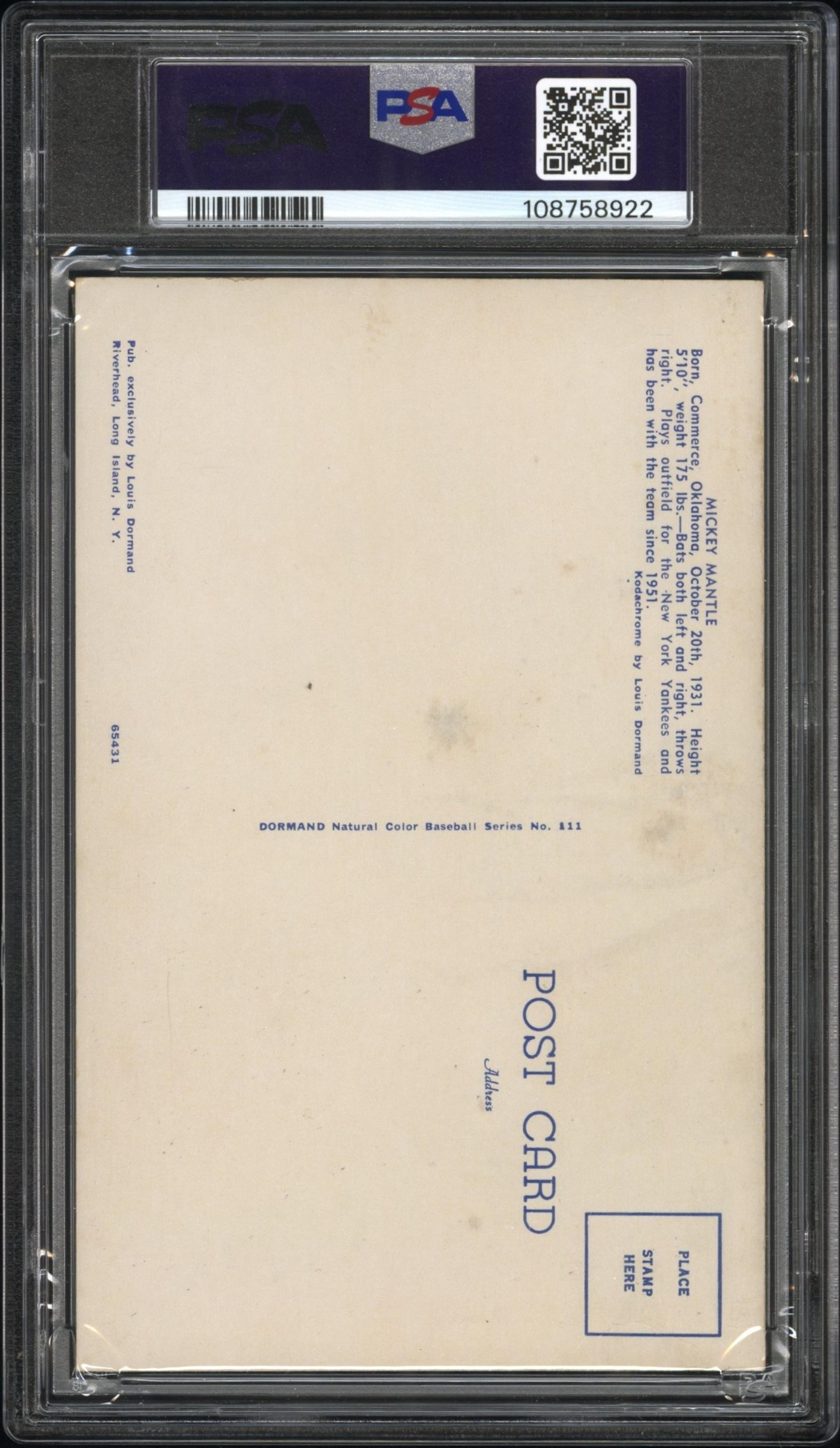 A 1953-55 Mickey Mantle Dormand Postcard - Bat on Shoulder (PSA 3 VG)