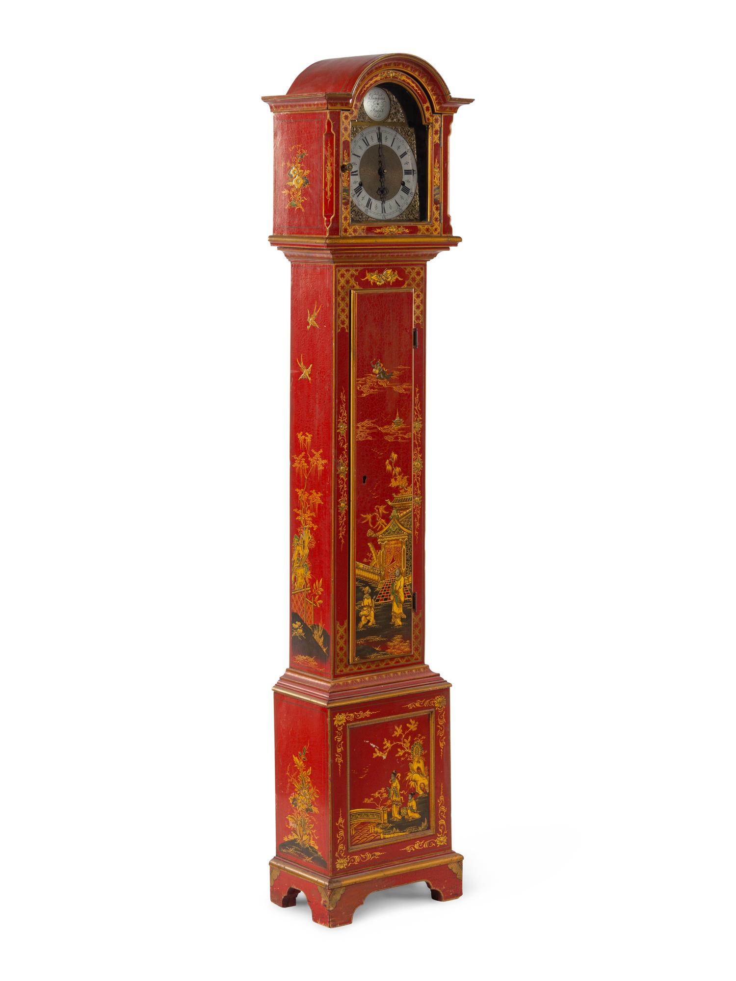 A George III Style Red Lacquered Chinoiserie Tall Case Clock