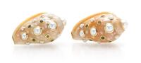 A Pair of 18 Karat Yellow Gold, Sapphire, Cultured Pearl and Shell Earclips, Trianon, 17.60 dwts.