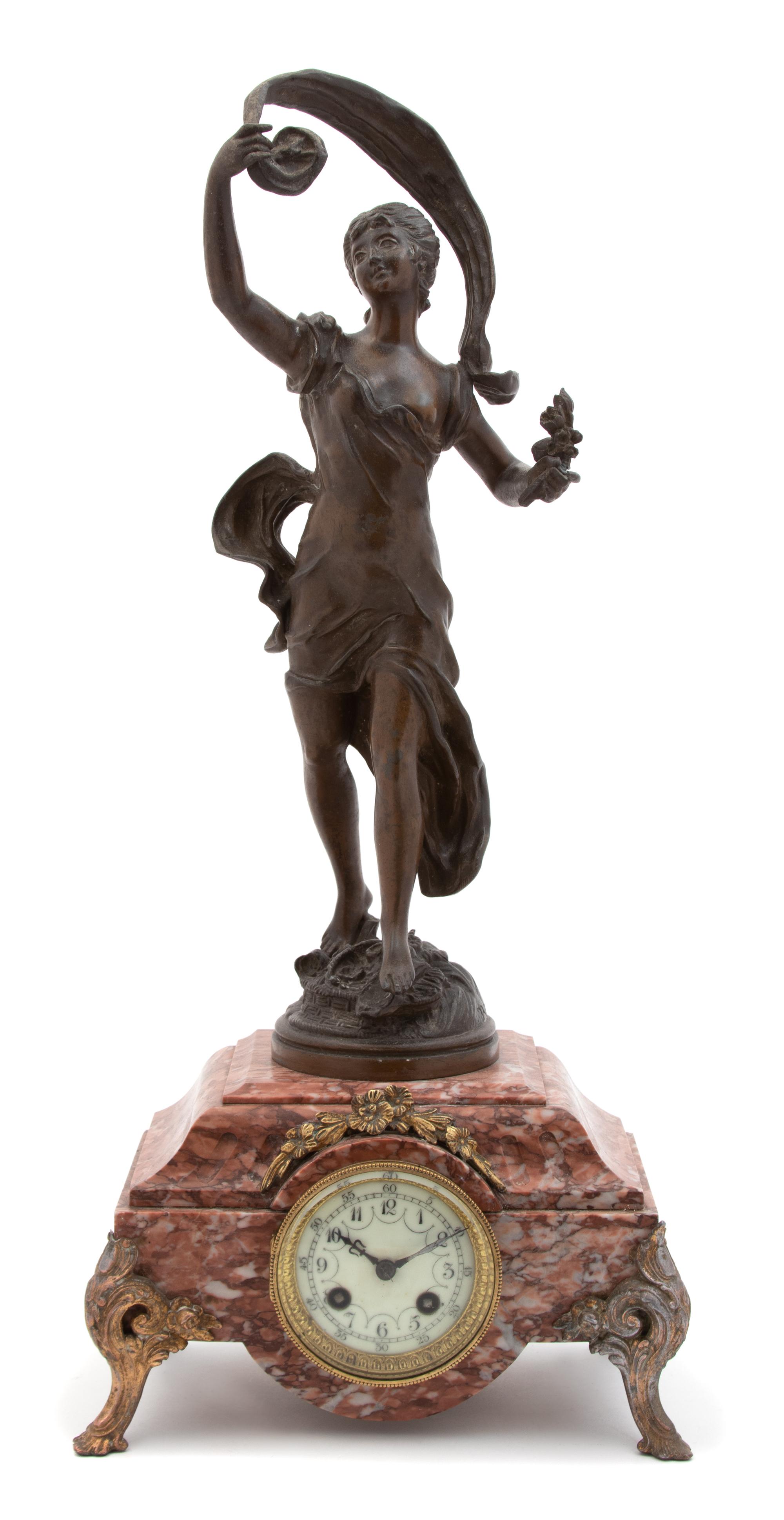 An Art Noveau Bronze & Marble Figural Mantle Clock — EARLY 20TH CENTURY