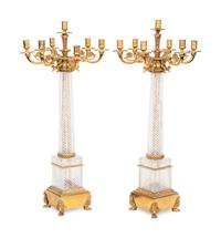 A Pair of Louis-Philippe Style Gilt Metal Mounted Cut Glass Seven-Light Candelabra