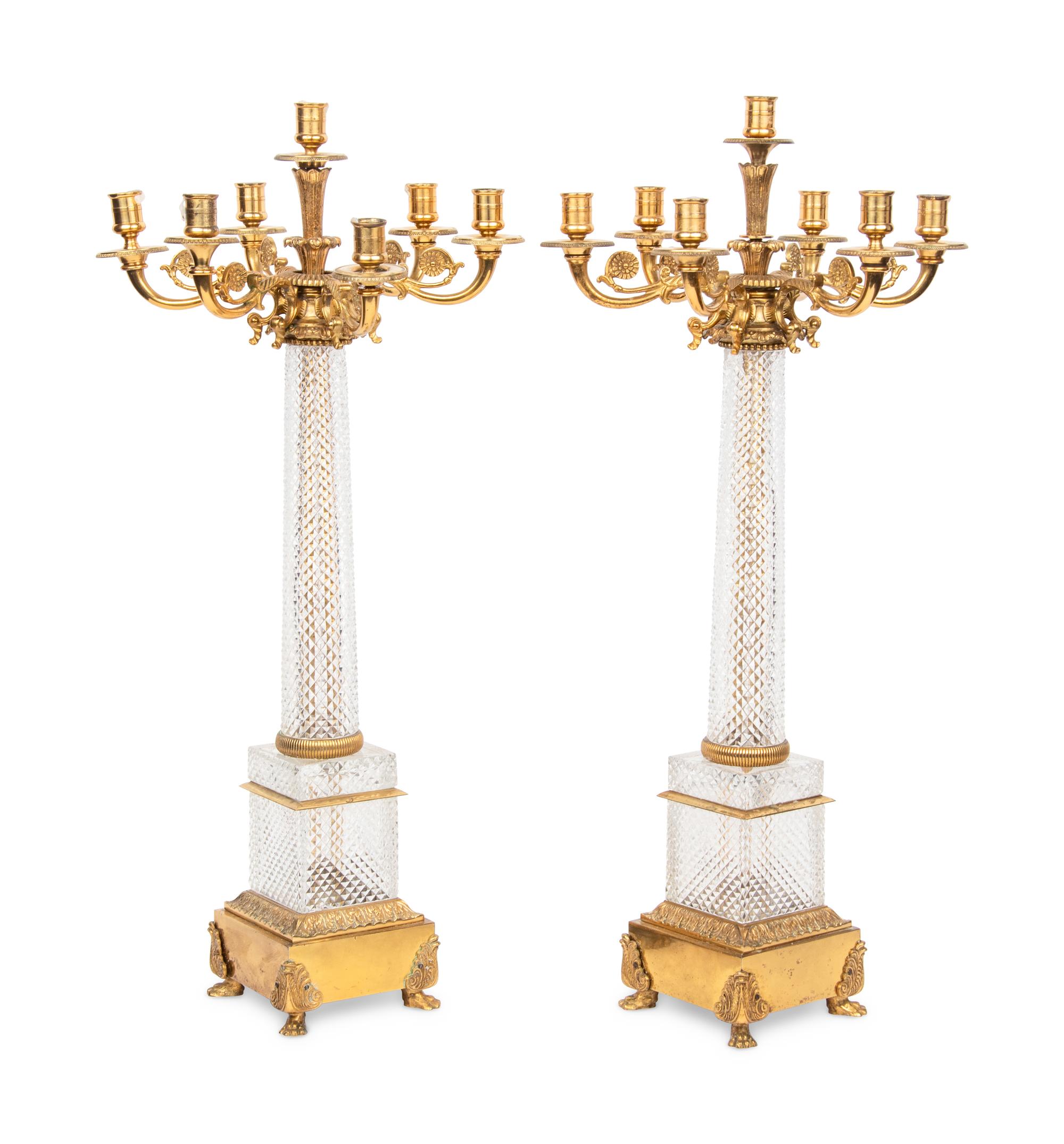 A Pair of Louis-Philippe Style Gilt Metal Mounted Cut Glass Seven-Light Candelabra
