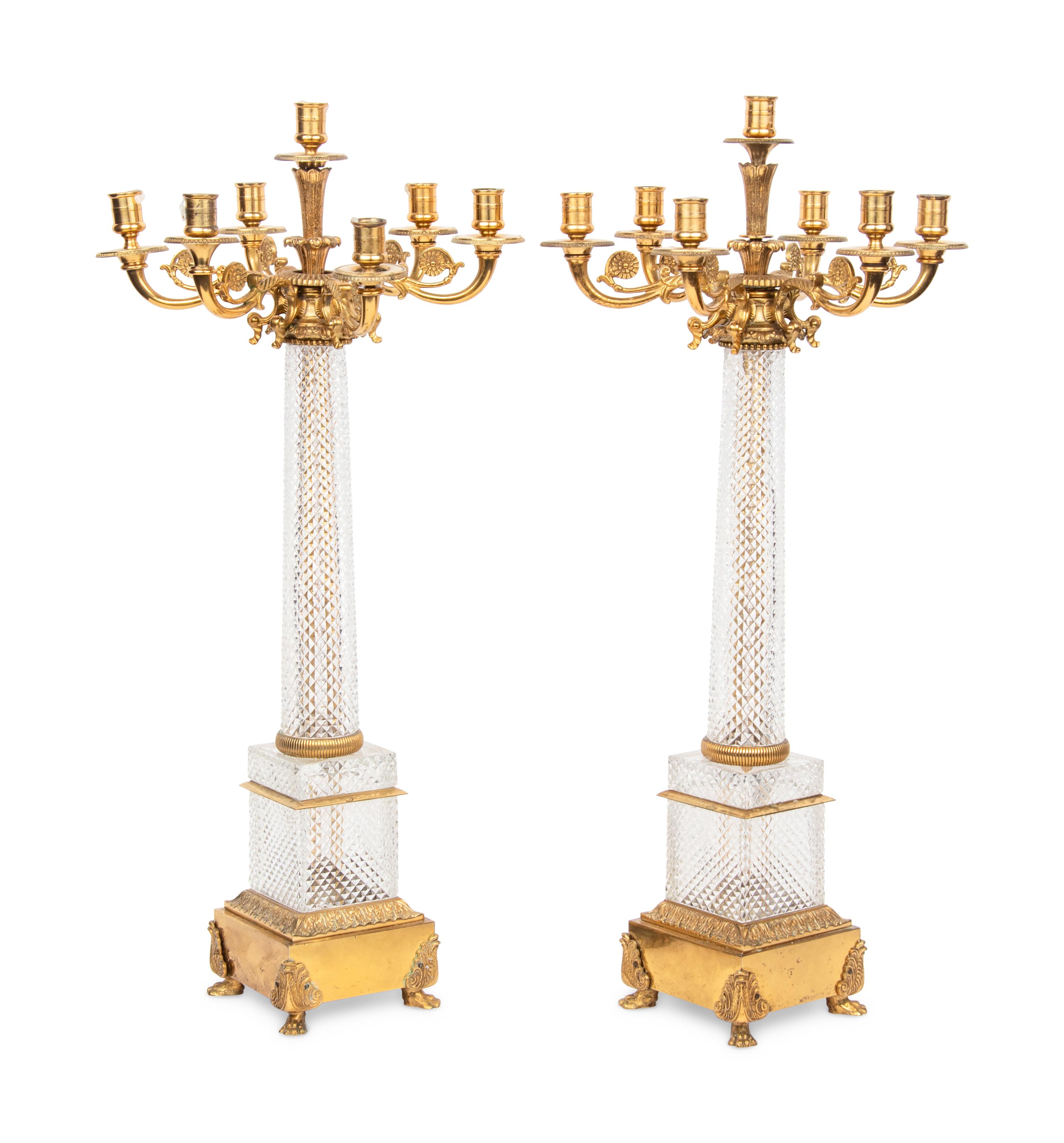 A Pair of Louis-Philippe Style Gilt Metal Mounted Cut Glass Seven-Light Candelabra