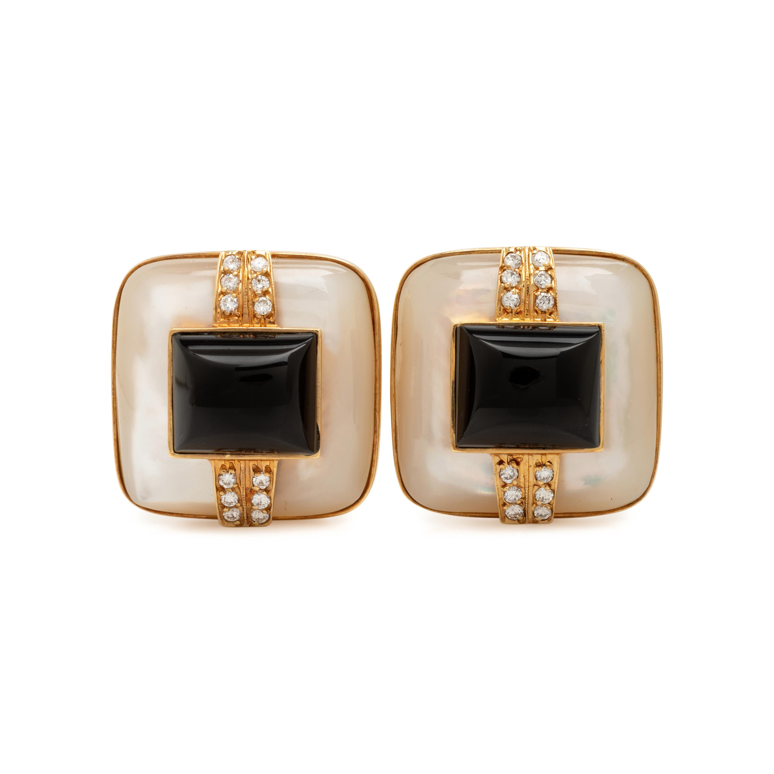 Mother-of-Pearl, Onyx, Diamond, and Yellow Gold Earrings