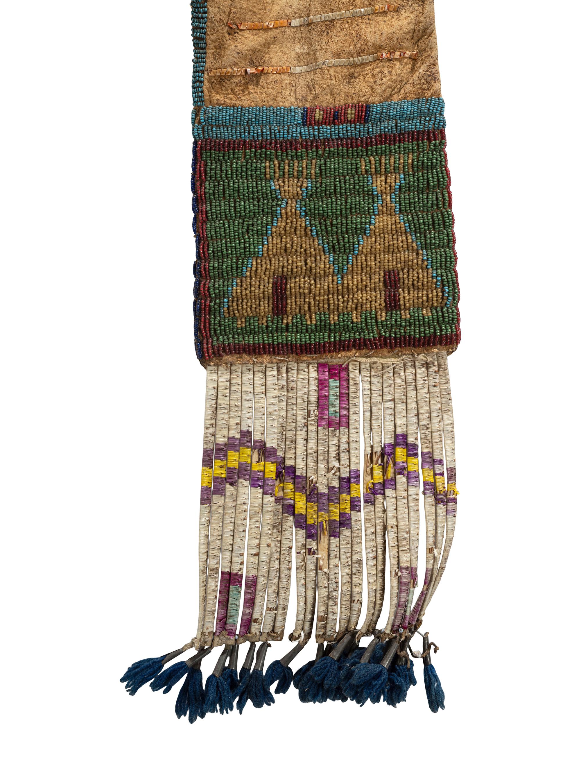 Sioux Beaded and Quilled Hide Tobacco Bag, with Heartline Deer and Tipis