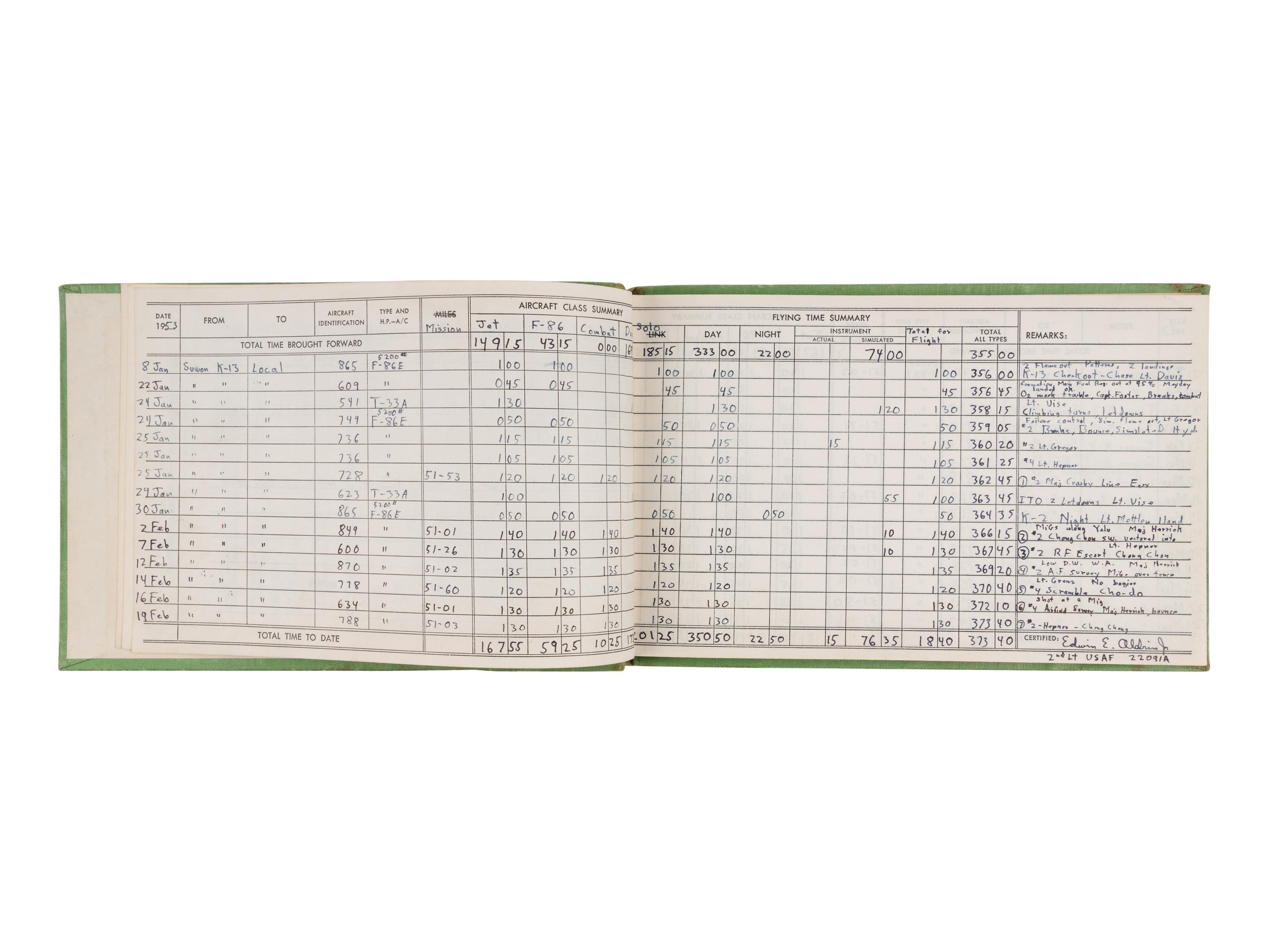 ALDRIN, Edwin E. "Buzz" (b. 1930). Korean War pilot's log book. 1953