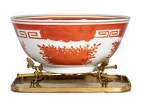 A Chinese Export Iron Red Decorated Porcelain Jar Mounted as a Lamp and a Similar Bowl