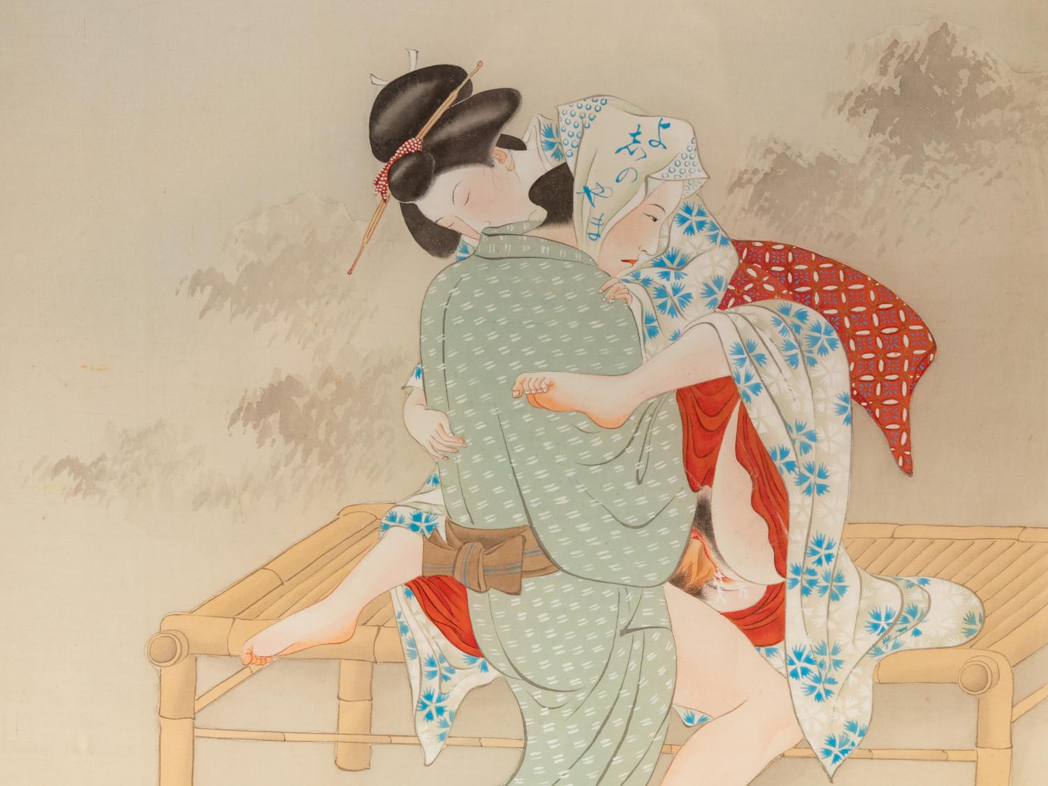 A Pair of Japanese Erotic Woodblock Prints on Silk in Acrylic Frames (early 20th Century)