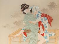 A Pair of Japanese Erotic Woodblock Prints on Silk in Acrylic Frames (early 20th Century)